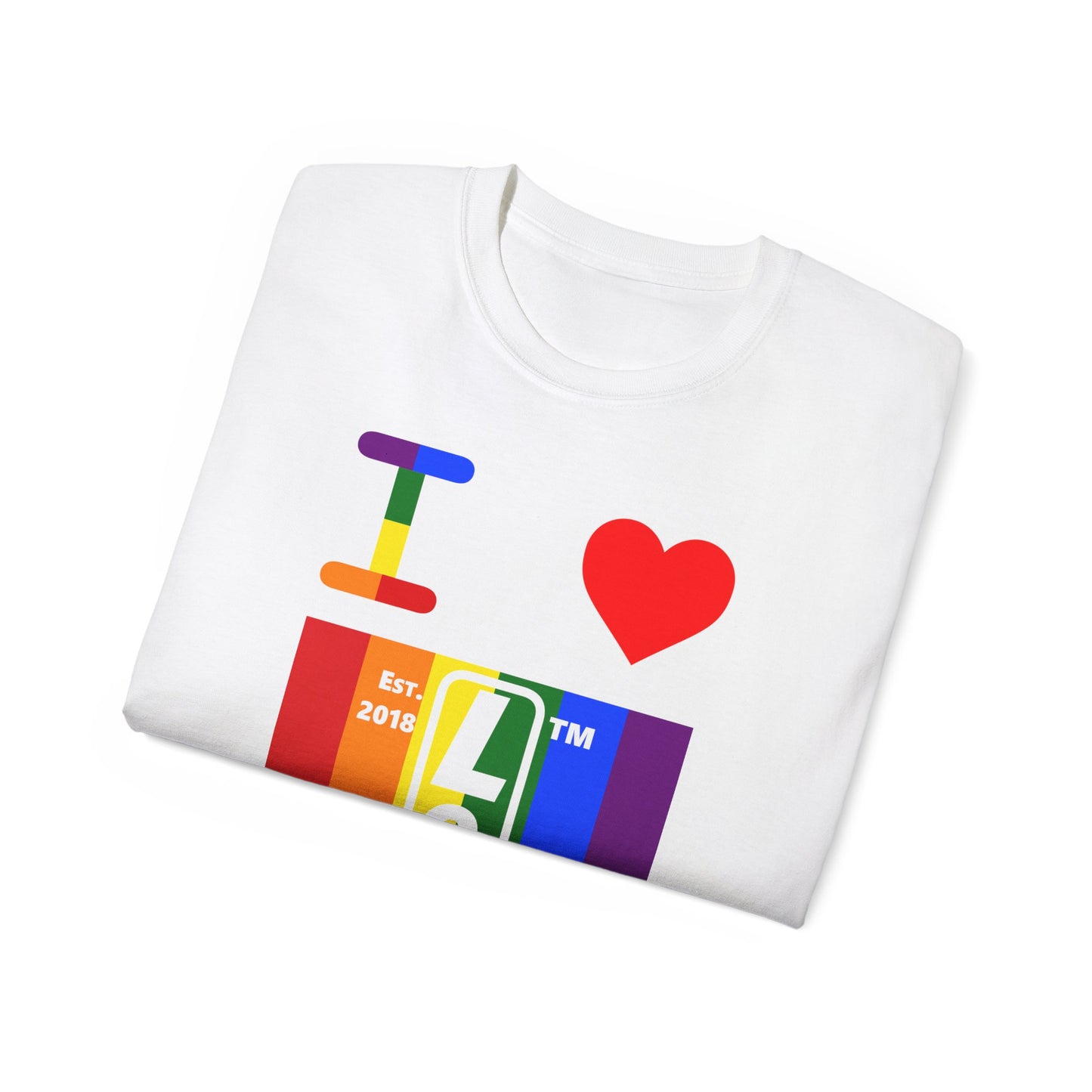 I Luv LongD Cotton Tee negative vertical striped Chicago upright logo (Pride colors)