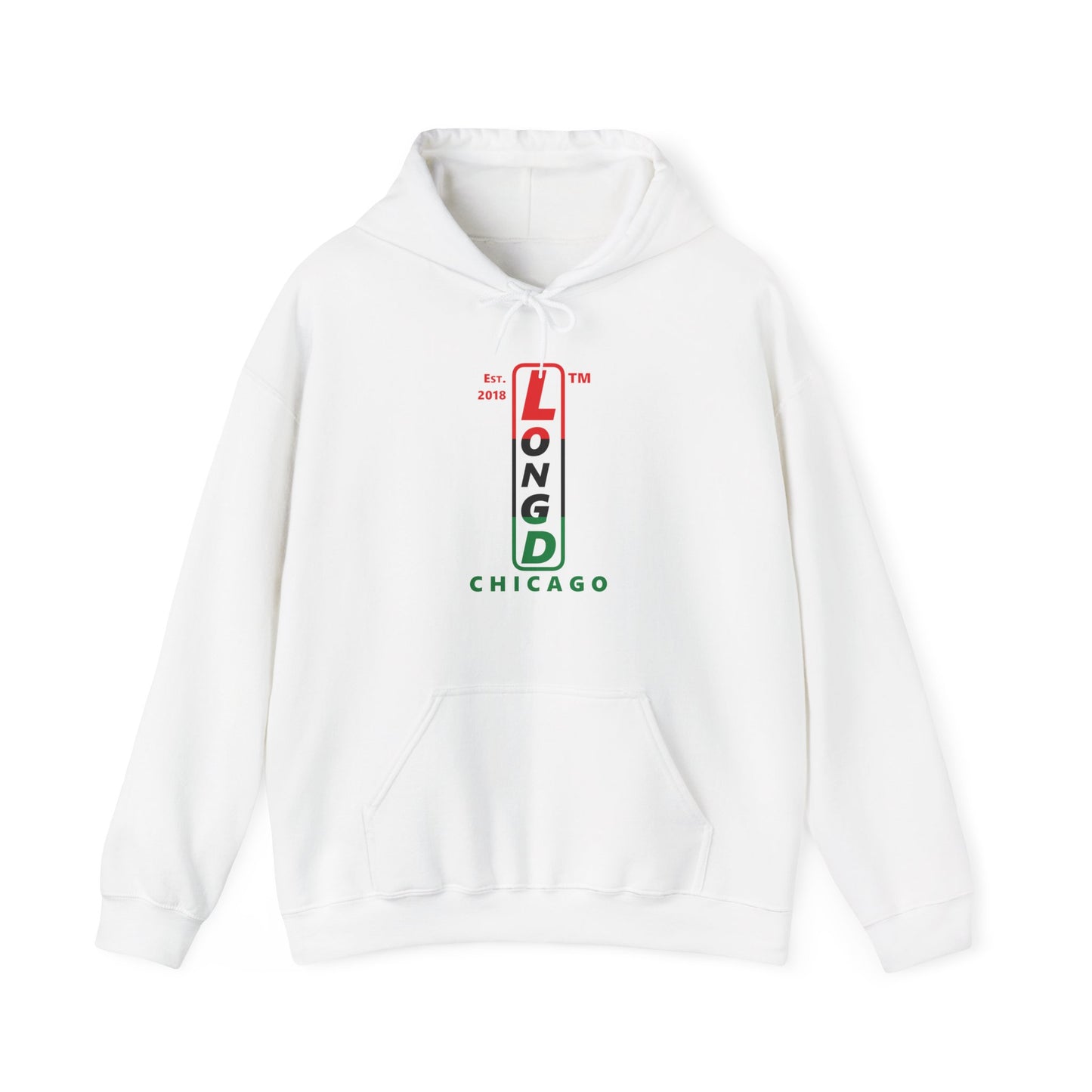 LongD® positive horizontal 3-striped upright Chicago logo hoodie (Juneteenth colors)