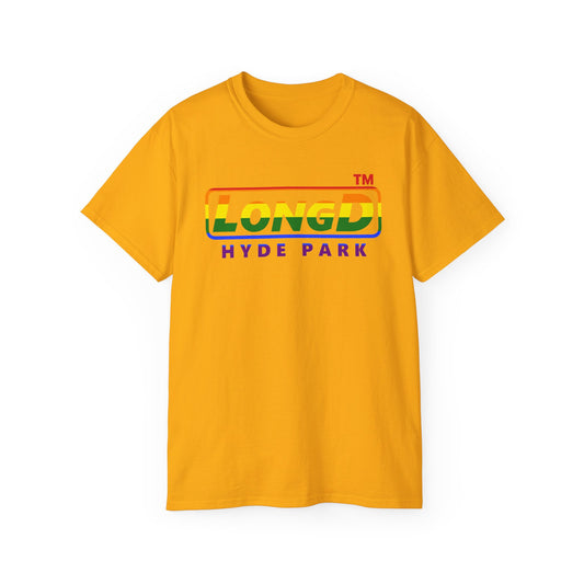 LongD positive horizontal striped Hyde Park logo cotton tee (Pride colors)