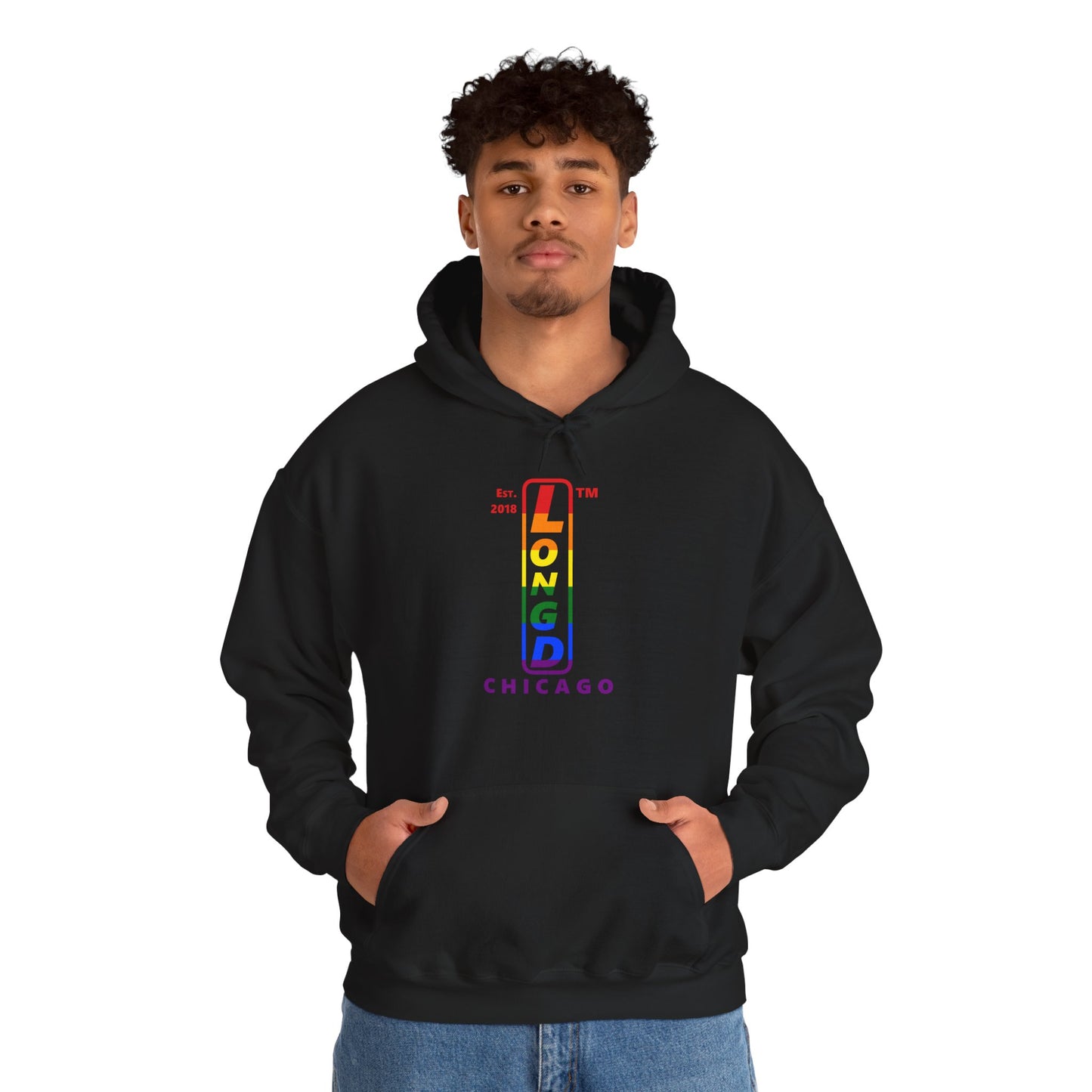 LongD® positive horizontal 6-striped Chicago logo hoodie (Pride colors)