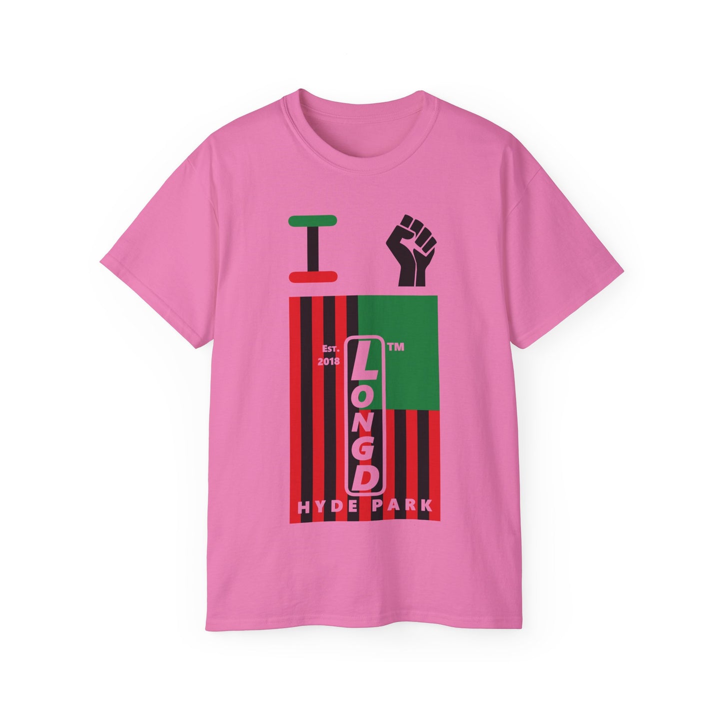 I fist LongD Cotton Tee negative flag Hyde Park upright logo (Juneteenth colors)