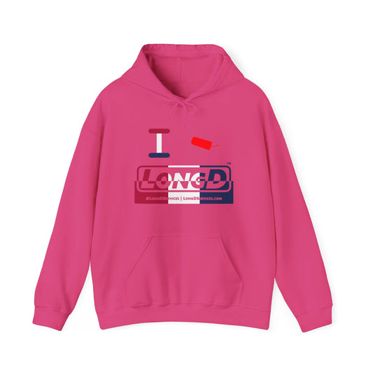 I Firecracker LongD® Logo Hoodie red, white and blue positive top negative bottom thirds