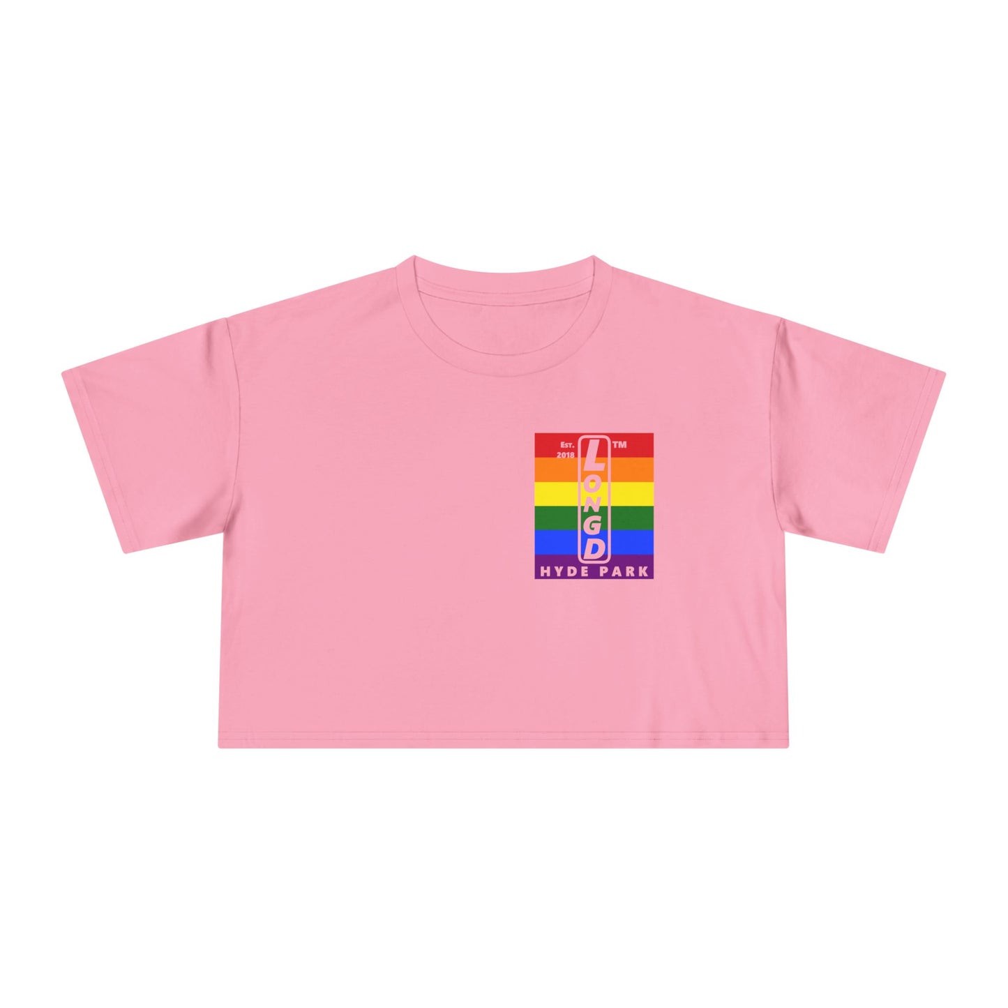 Negative horizontal 6-striped upright single-breasted Hyde Park logo crop tee (Pride colors)