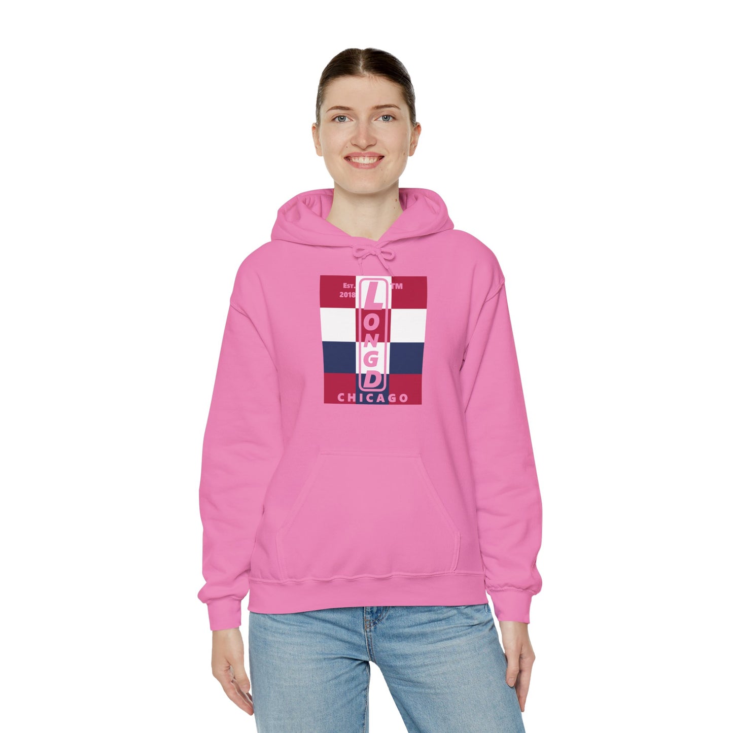 LongD® negative 4x3 upright Chicago logo hoodie