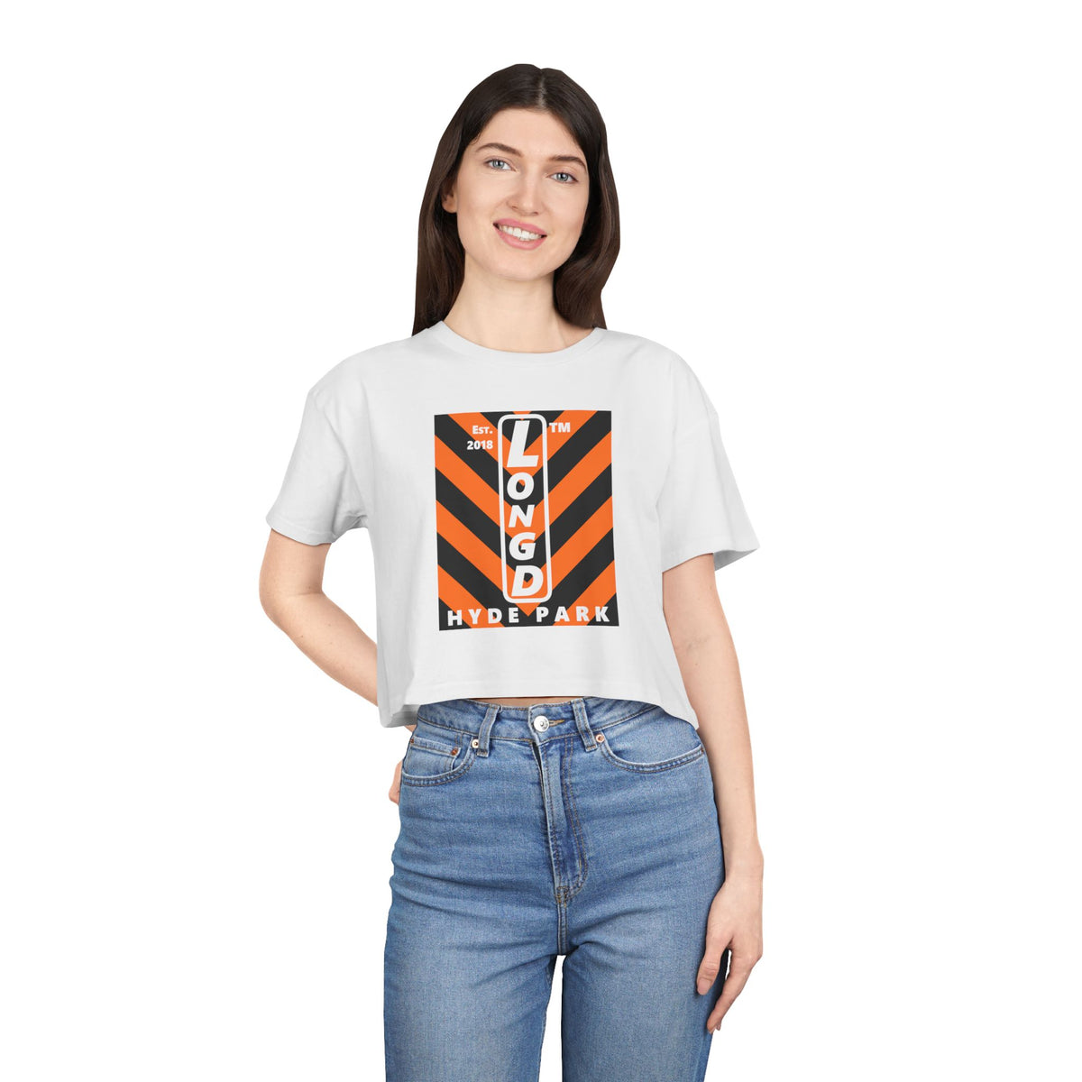 LongD Hyde Park negative upright downward chevron logo (Halloween colors) crop tee