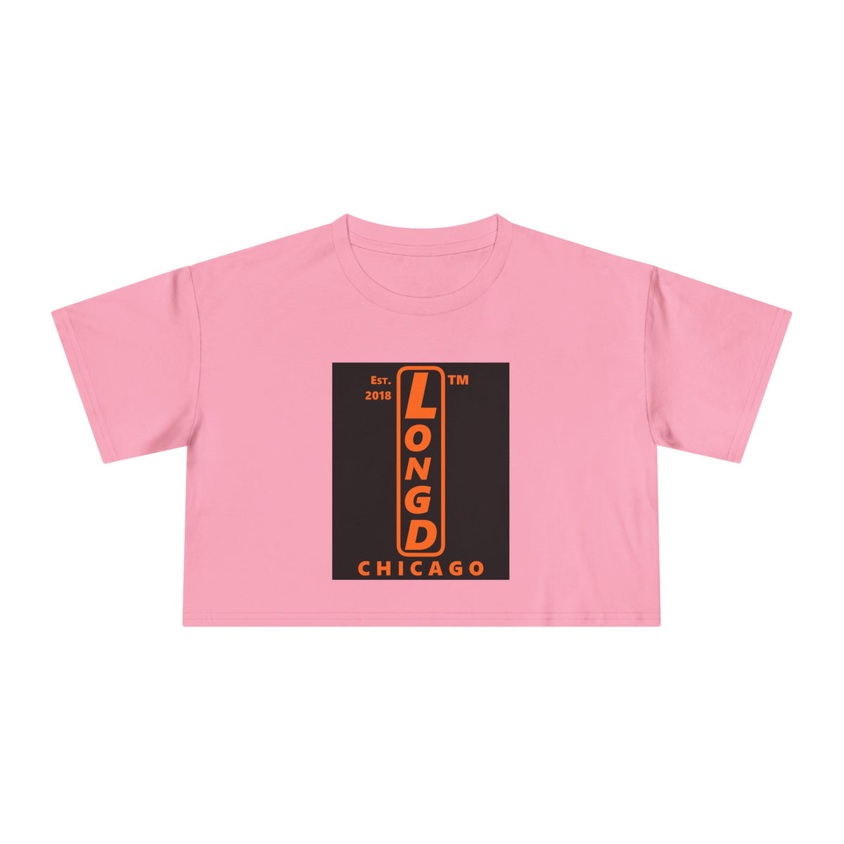 LongD Chicago upright front-back logo orange (FE7518) on Black (000000) crop tee
