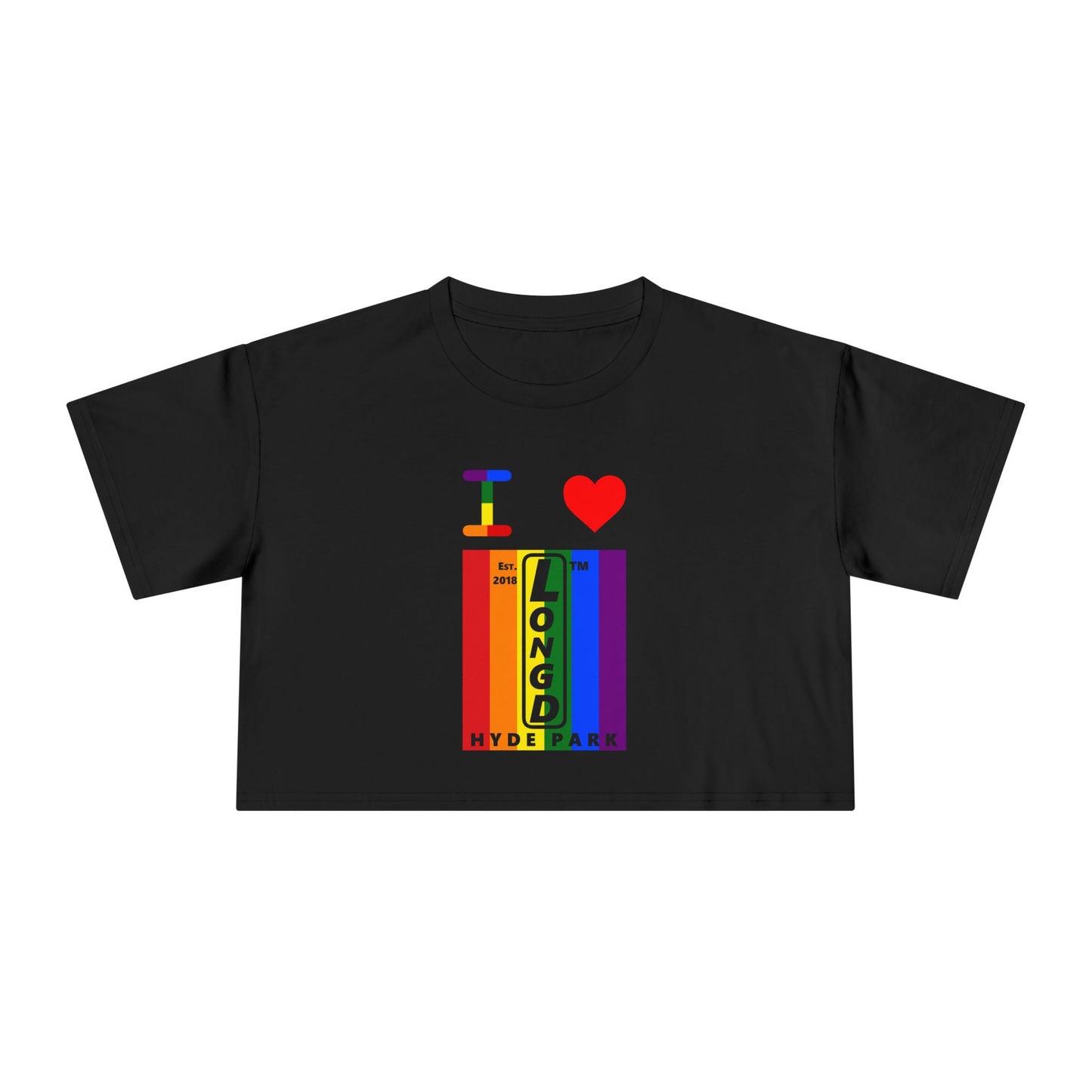 I Luv LongD Mixed horizontal 6-striped upright front-back Hyde Park logo crop tee (Pride colors)