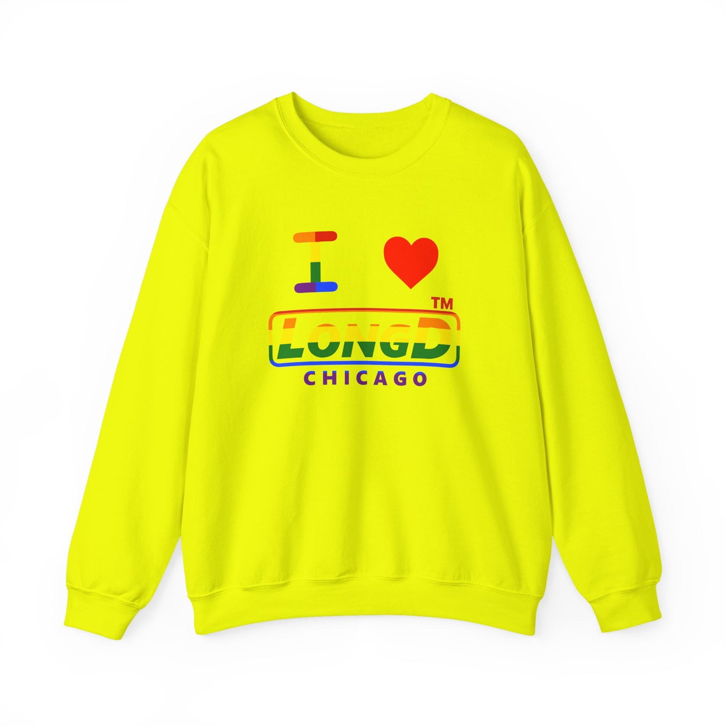 I Luv LongD positive horizontal striped front-back Chicago logo crewneck sweatshirt (Pride colors)