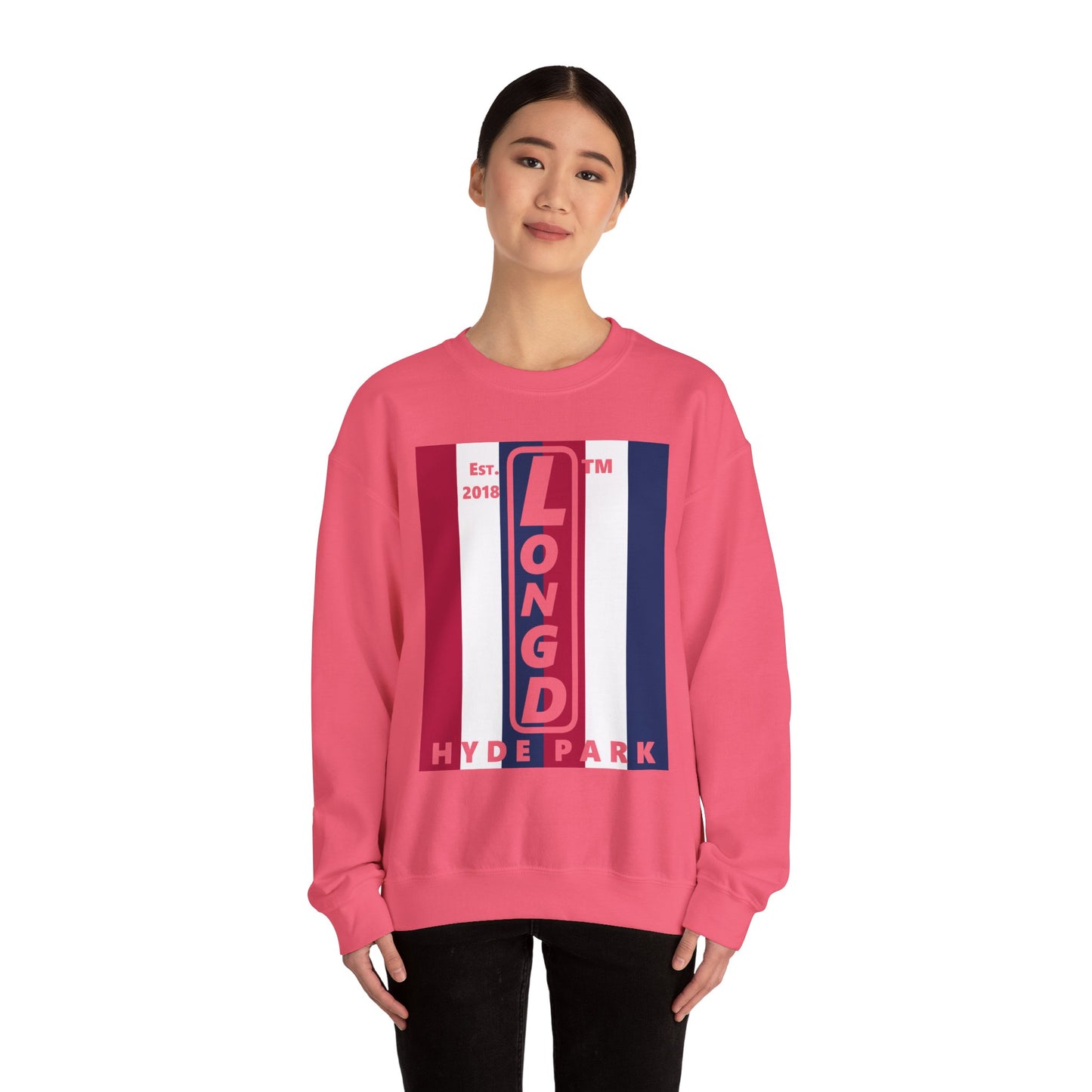 LongD negative vertical 6-striped Hyde Park upright logo crewneck sweatshirt (patriotic colors)