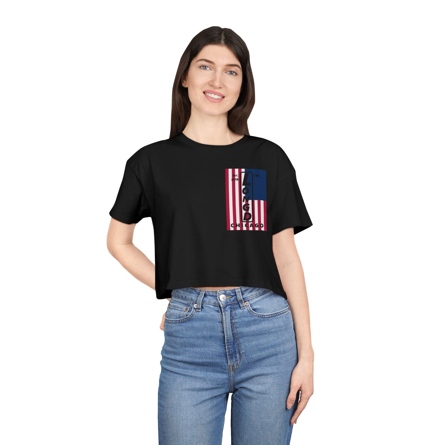 Negative cropped flag upright single-breasted Chicago logo crop tee (Patriotic colors)