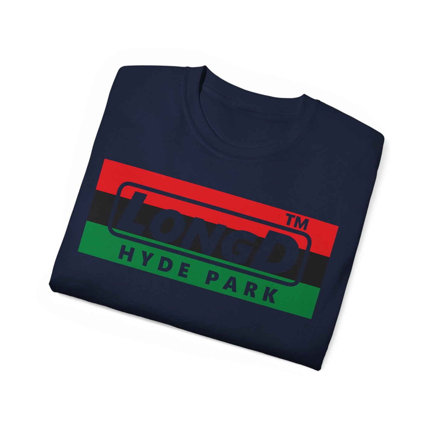 LongD negative horizontal 3-striped Hyde Park logo cotton tee (Juneteenth colors)