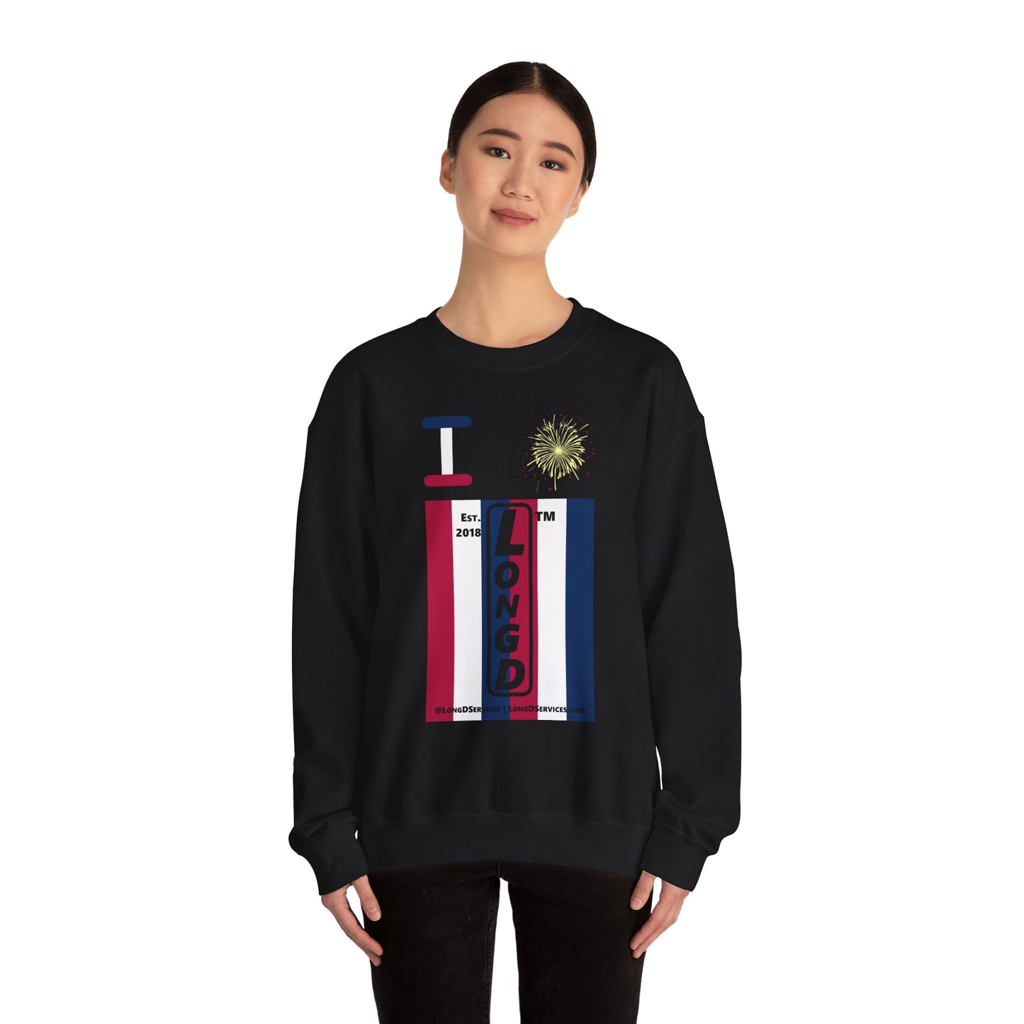 I Burst LongD negative vertical 6-striped tag-domain upright logo crewneck sweatshirt