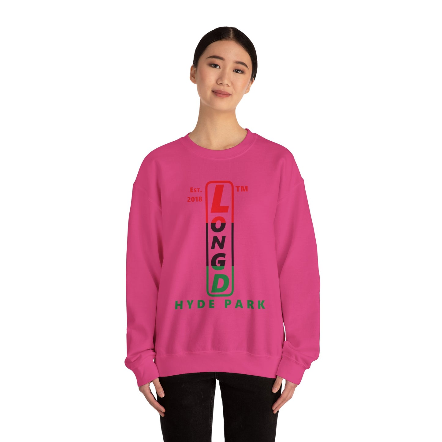 LongD positive horizontal 3-striped Hyde Park upright logo crewneck sweatshirt (Juneteenth colors)