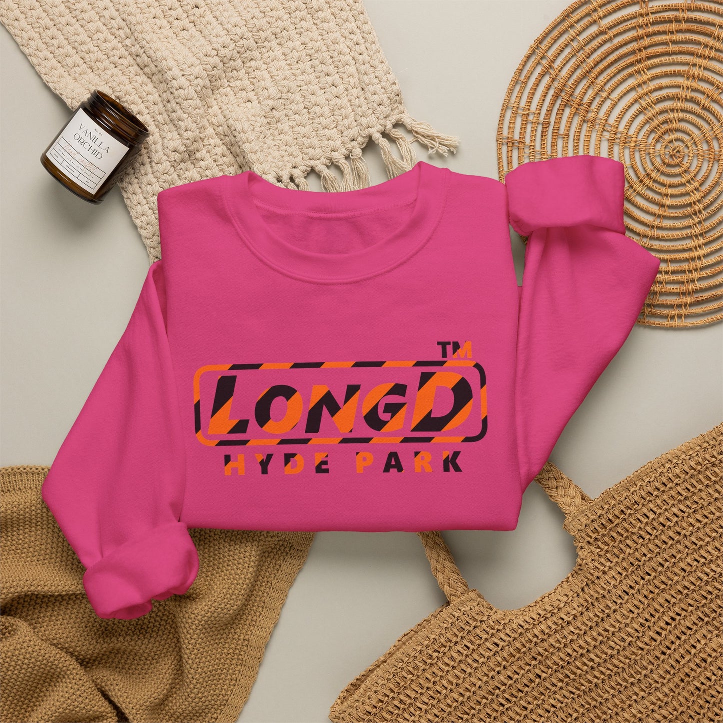 LongD Hyde Park positive 12-striped 4-print logo (Halloween colors) crewneck sweatshirt