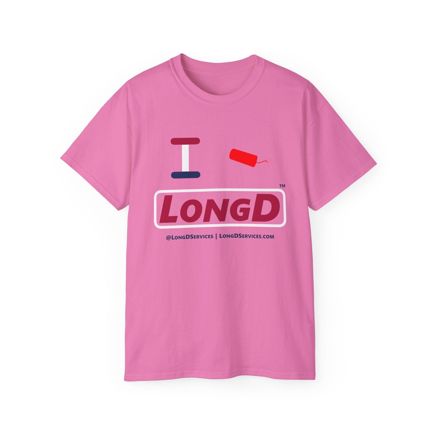 I Firecracker LongD® Logo Cotton Tee Red, White and Blue positive elements text