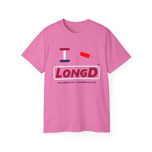 I Firecracker LongD® Logo Cotton Tee Red, White and Blue positive elements text