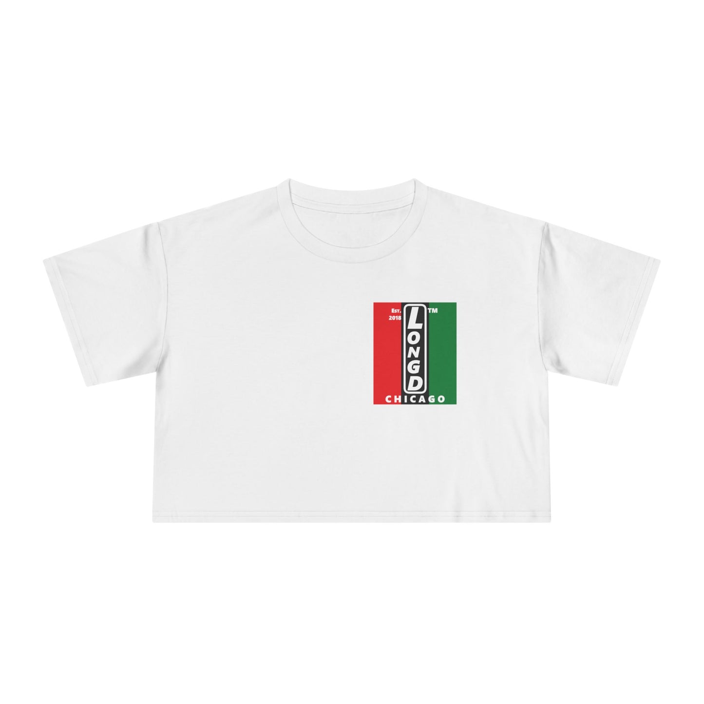 Negative vertical 3-striped upright single-breasted Chicago logo crop tee (Juneteenth colors)