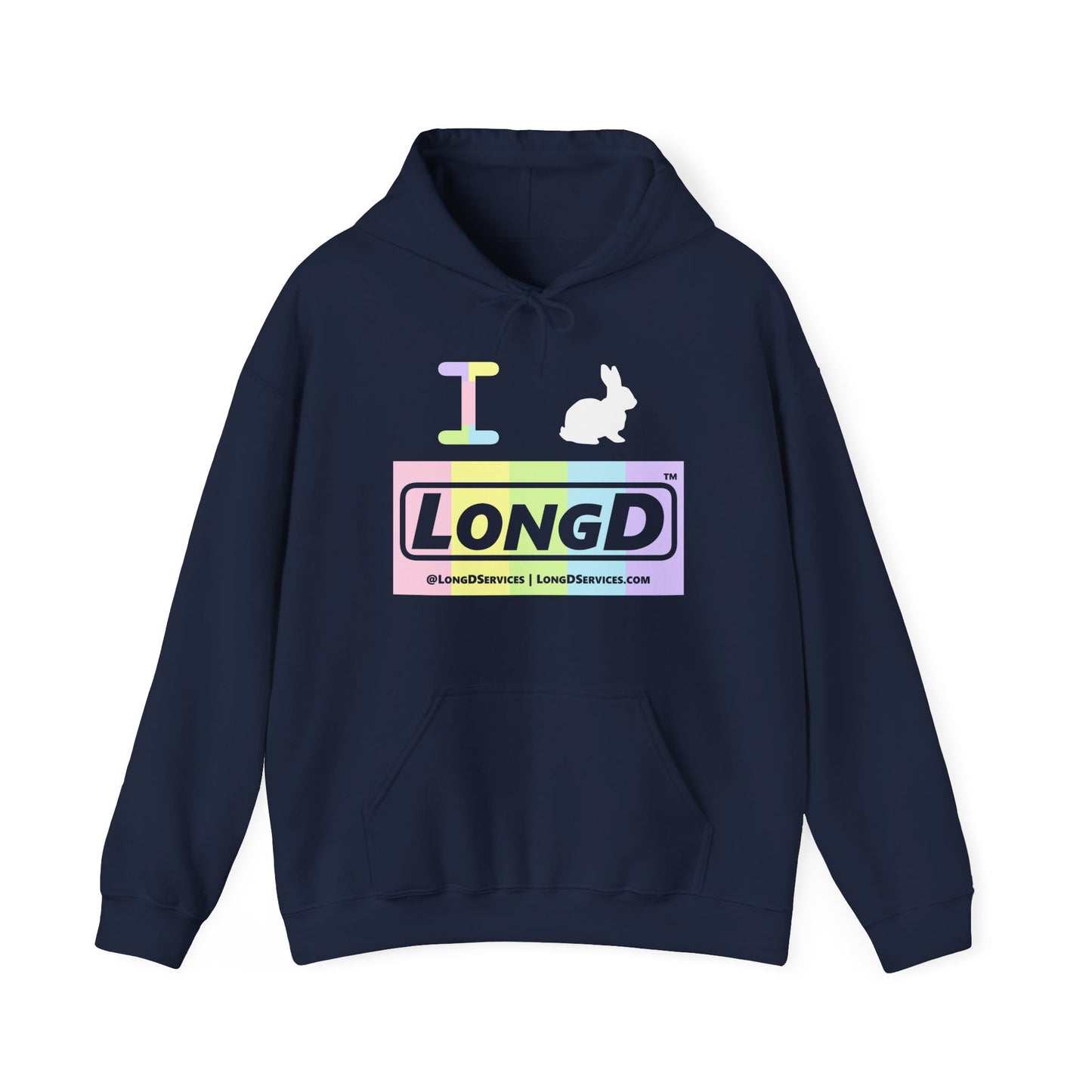 I Bunny LongD® Logo Hoodie pastel spectrum negative text (White Easter Bunny)