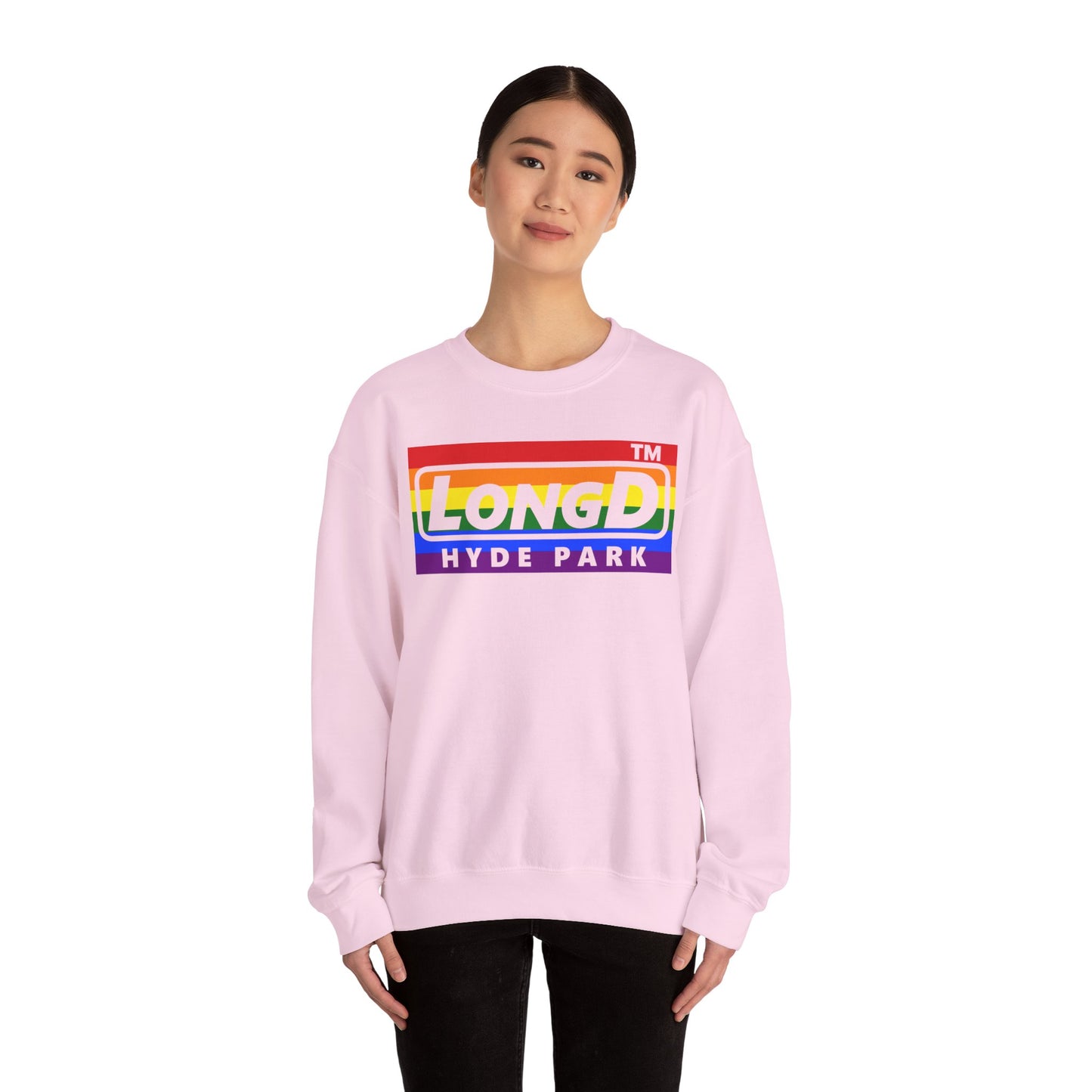 LongD negative horizontal striped Hyde Park logo crewneck sweatshirt (Pride colors)