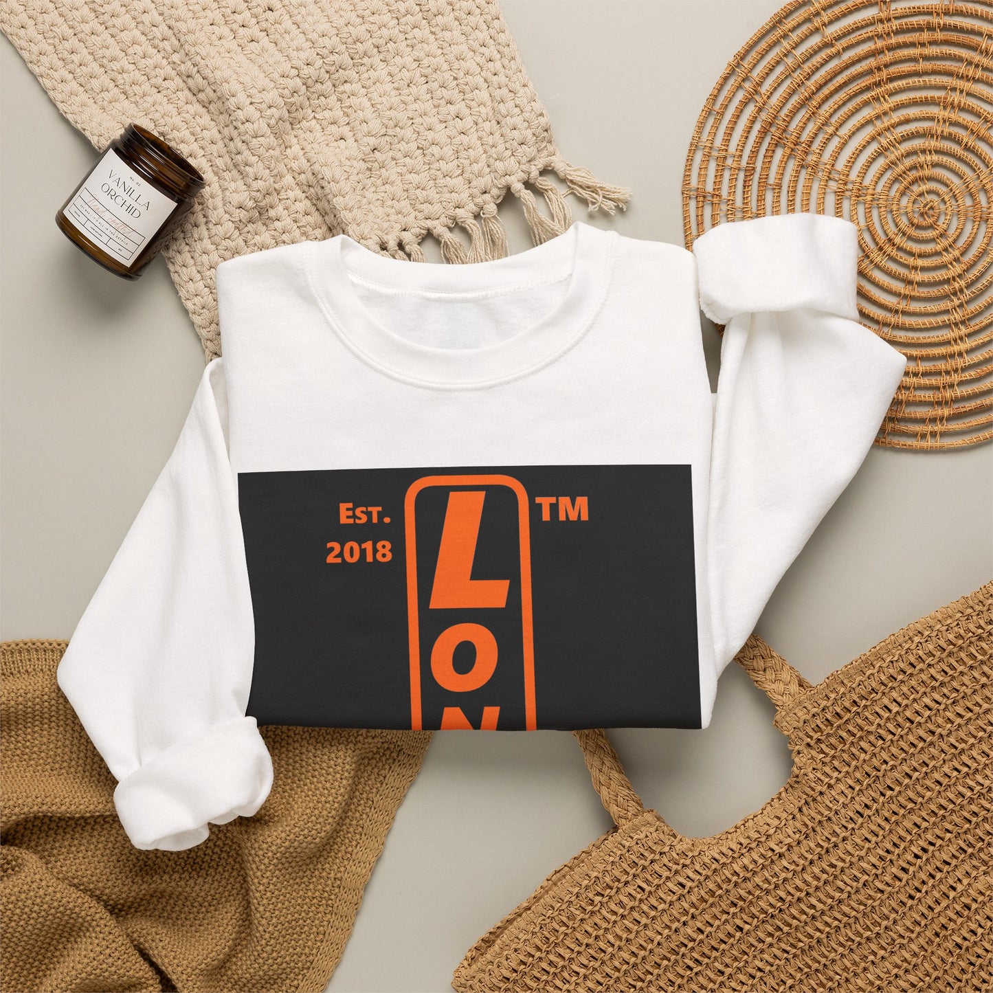 LongD Tag-domain upright front-back logo orange (FE7518) on Black (000000) crewneck sweatshirt