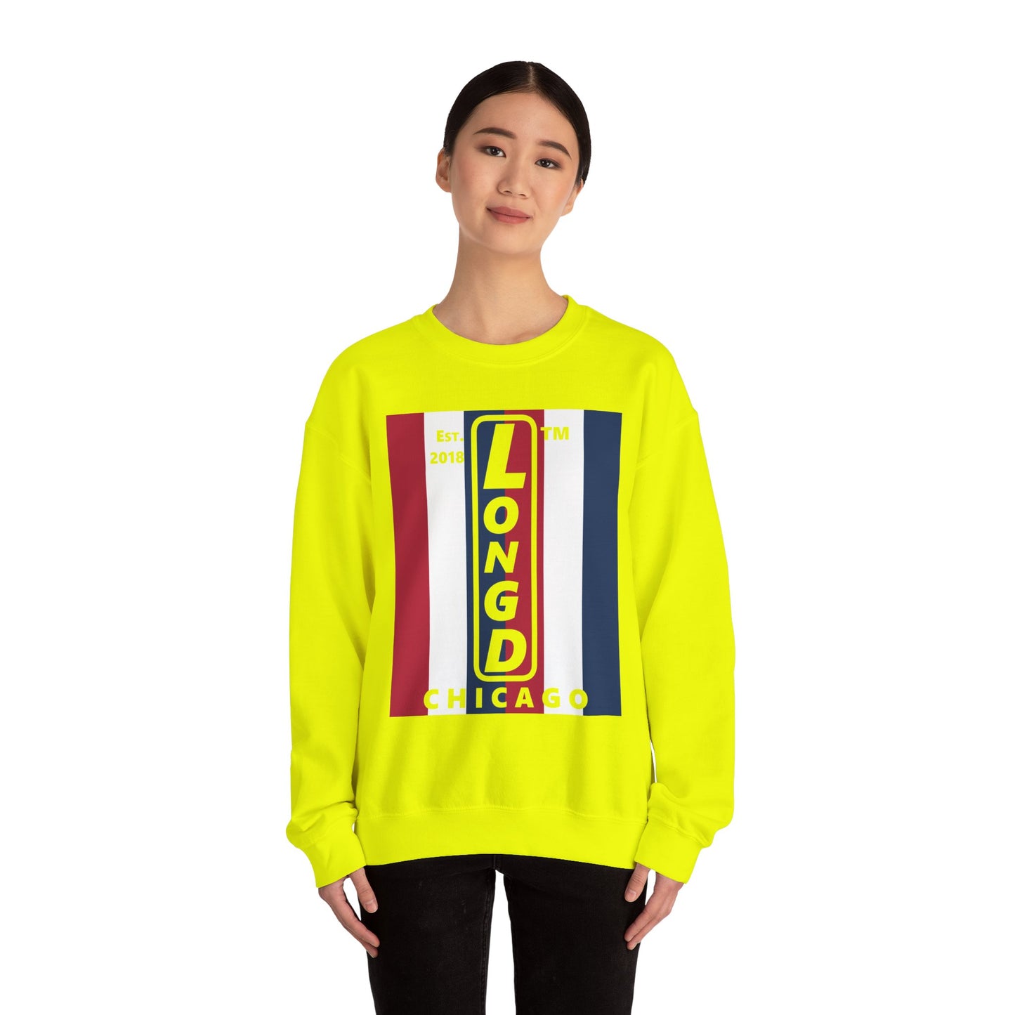 LongD negative vertical 6-striped Chicago logo crewneck sweatshirt (patriotic colors)