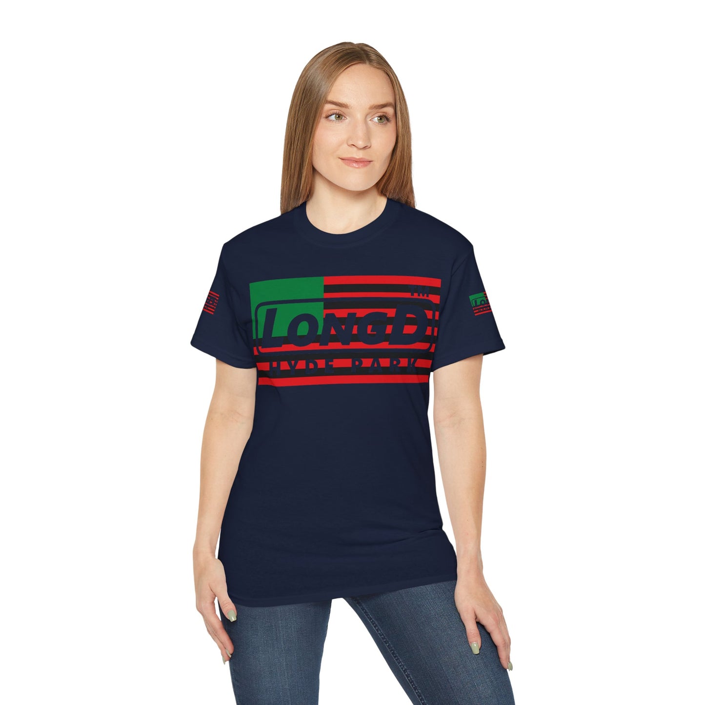 LongD negative flag Hyde Park logo 4-print cotton tee (Juneteenth colors)