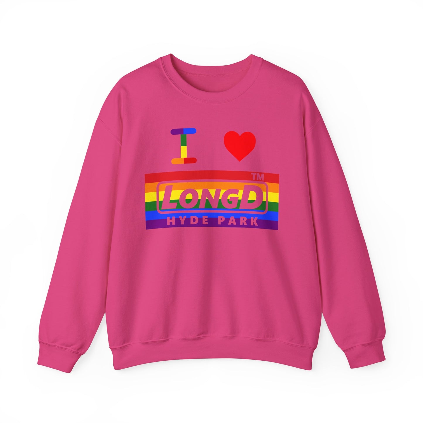 I Luv LongD negative horizontal striped Hyde Park logo crewneck sweatshirt (Pride colors)