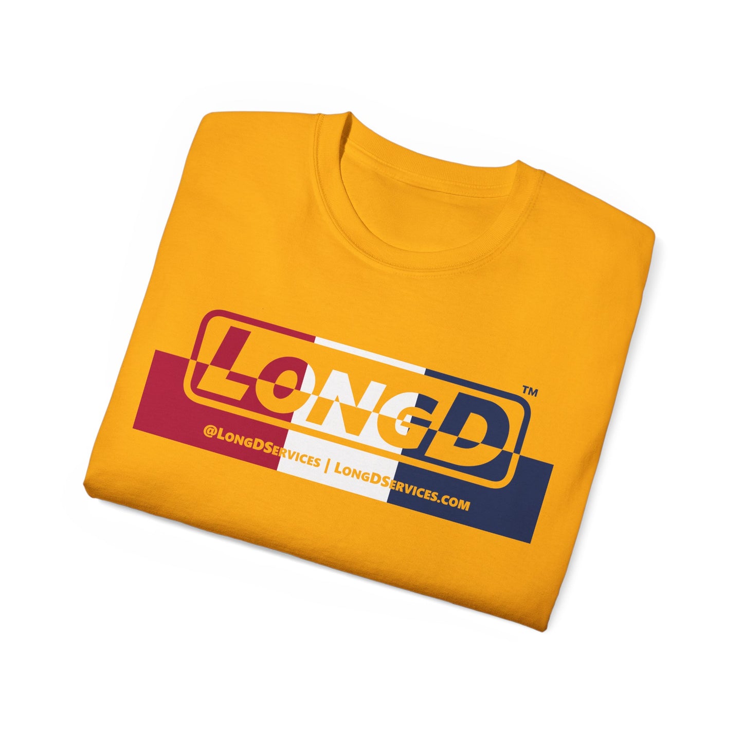 LongD® Logo Cotton Tee Red, White and Blue positive top negative bottom thirds text