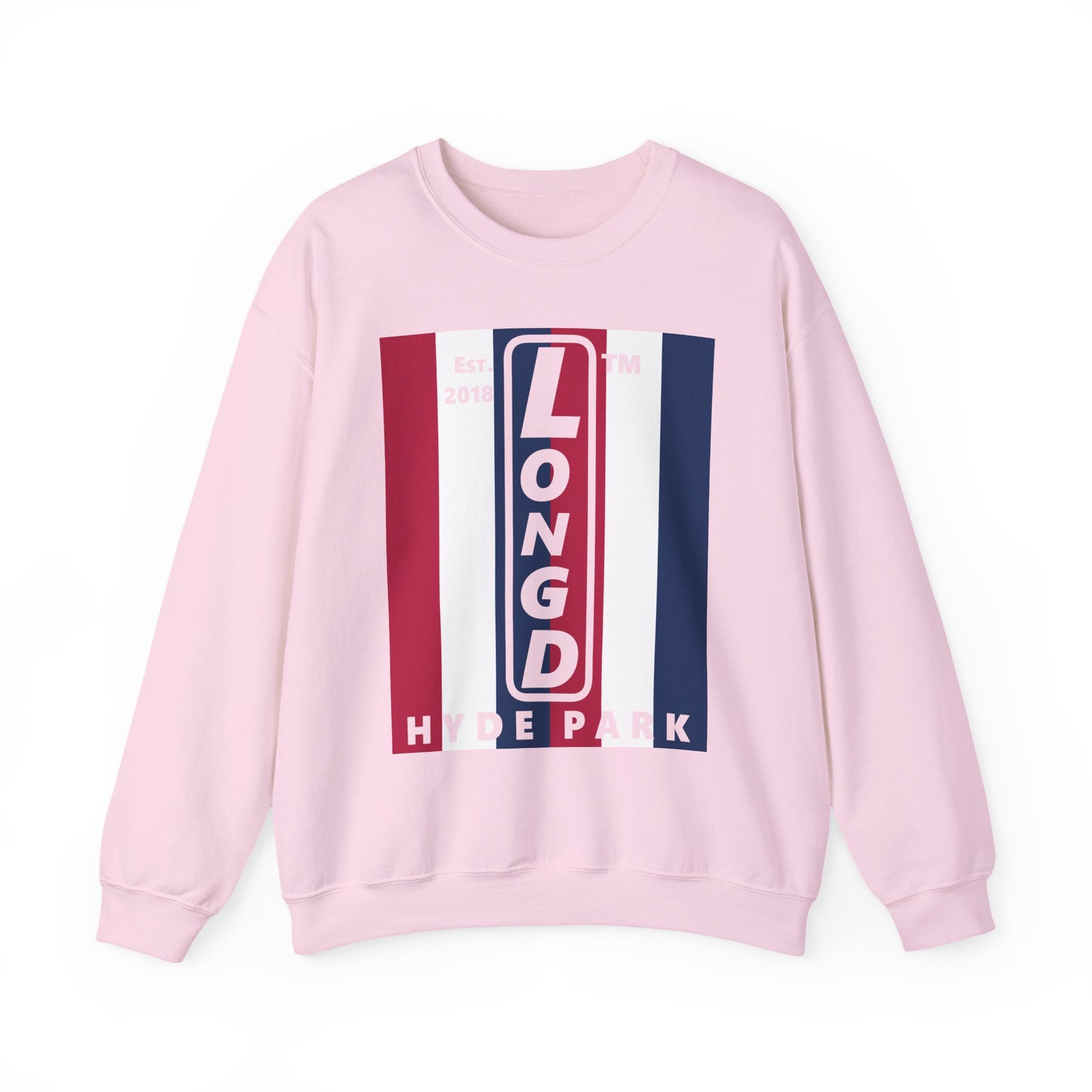LongD negative vertical 6-striped Hyde Park upright logo crewneck sweatshirt (patriotic colors)