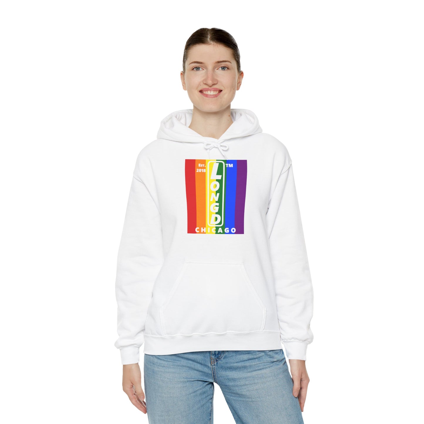 LongD® negative vertical 6-striped upright Chicago logo hoodie (Pride colors)