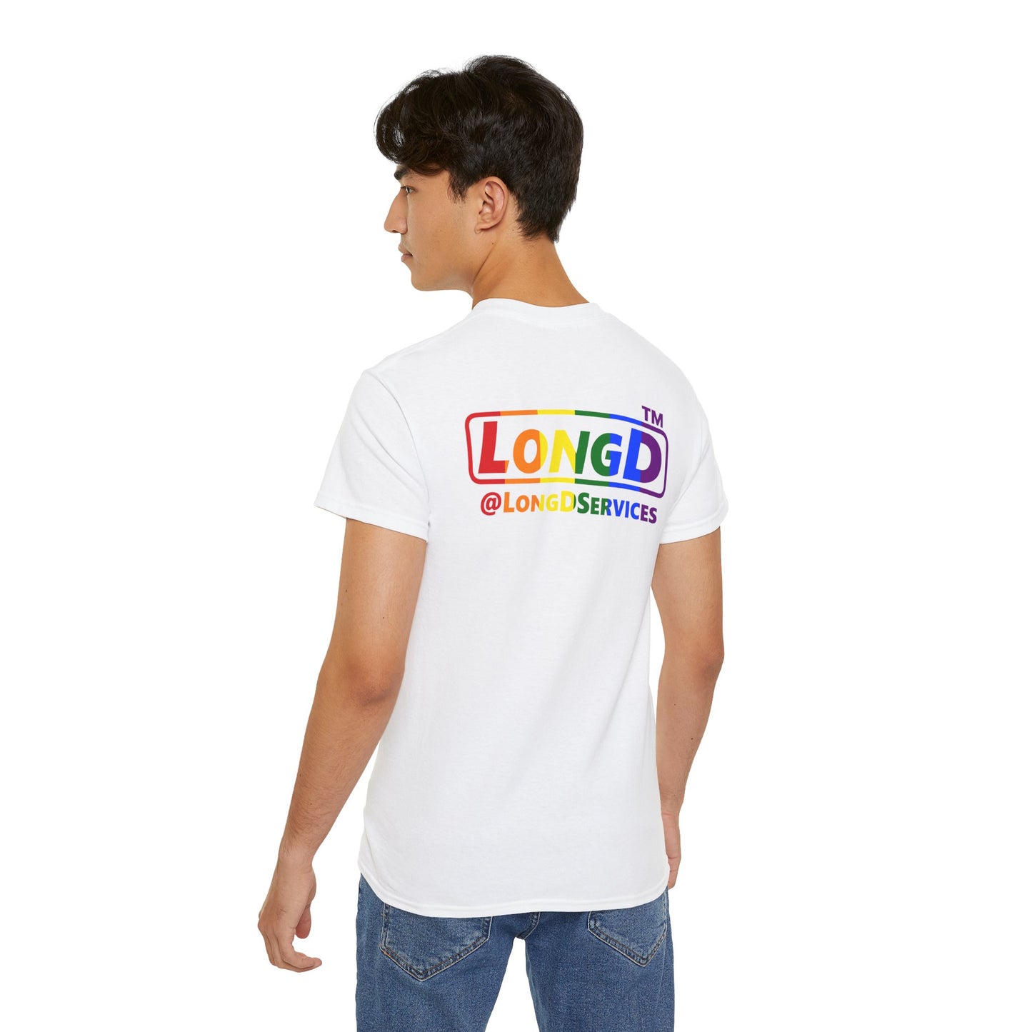 LongD positive vertical striped front-back Hyde Park logo cotton tee (Pride colors)