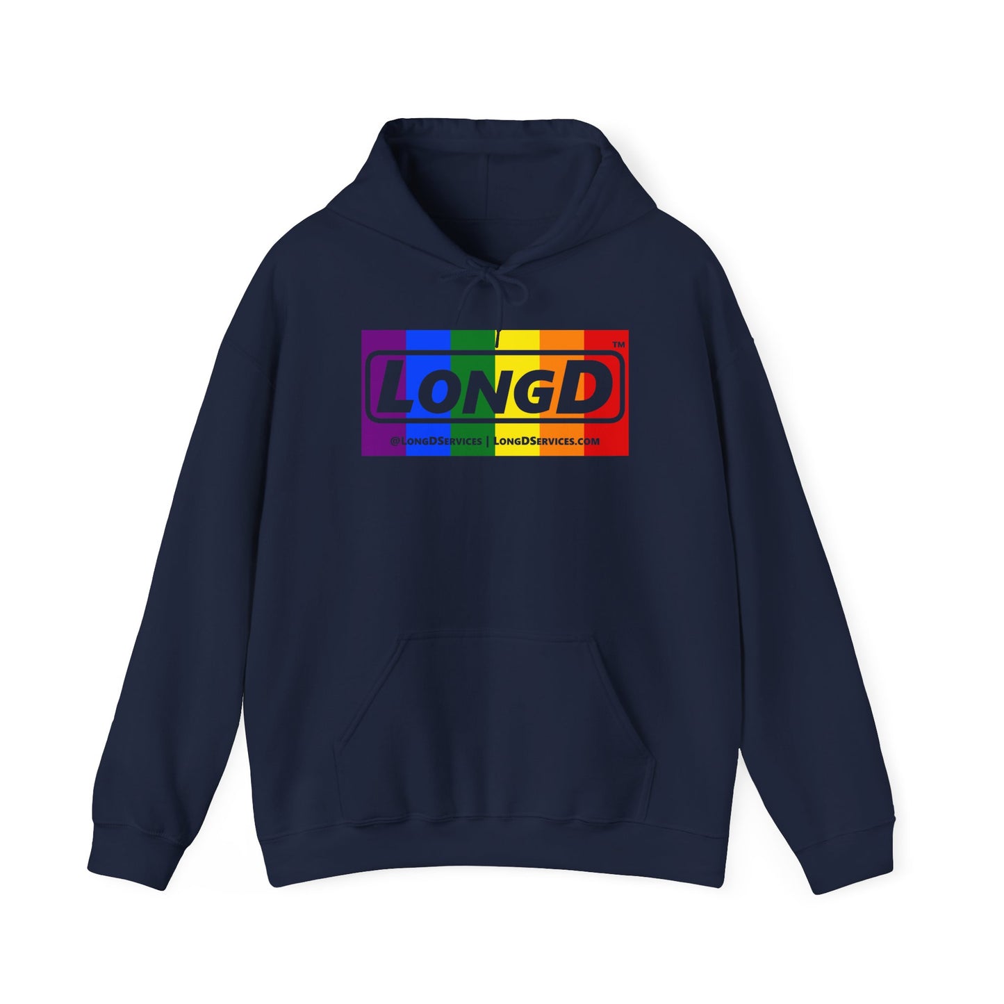LongD® Logo Hoodie with Pride rainbow negative text