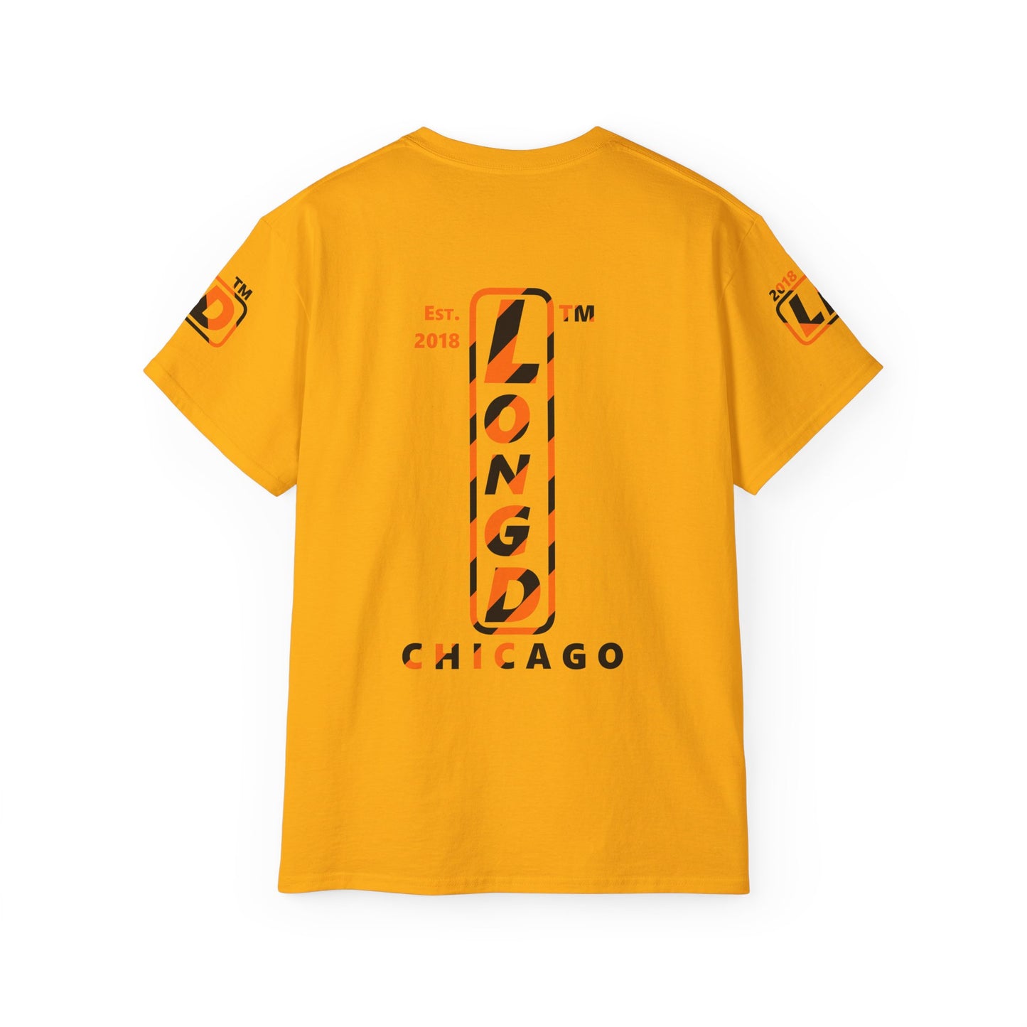 LongD Chicago positive upright pixel-weighted 12-striped 4-print logo (Halloween colors) cotton tee