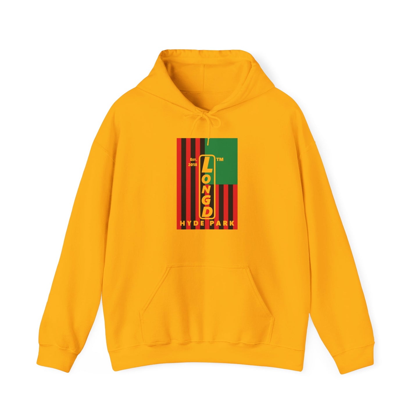 LongD® negative cropped flag upright Hyde Park logo hoodie (Juneteenth colors)