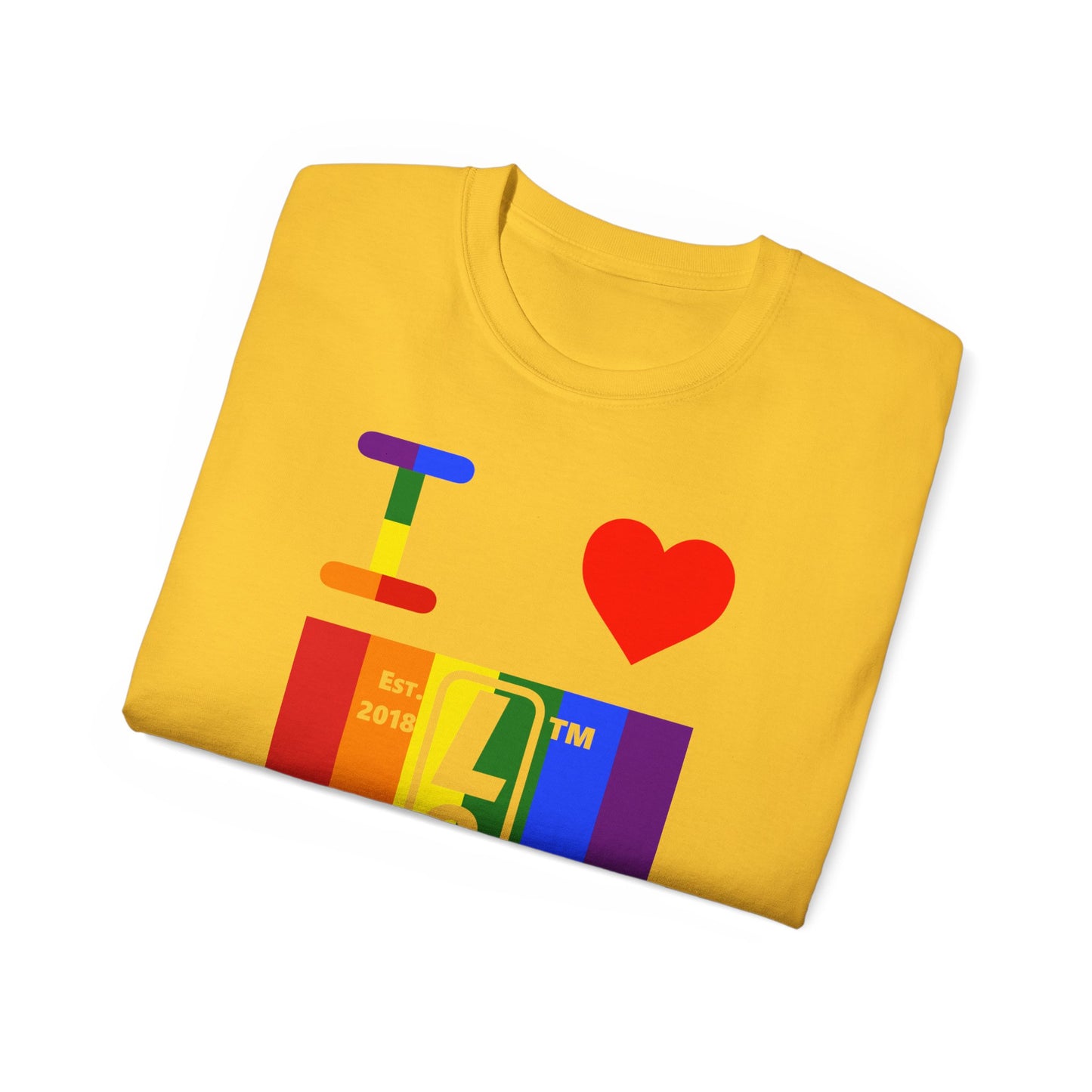 I Luv LongD Cotton Tee negative vertical striped Hyde Park upright logo (Pride colors)
