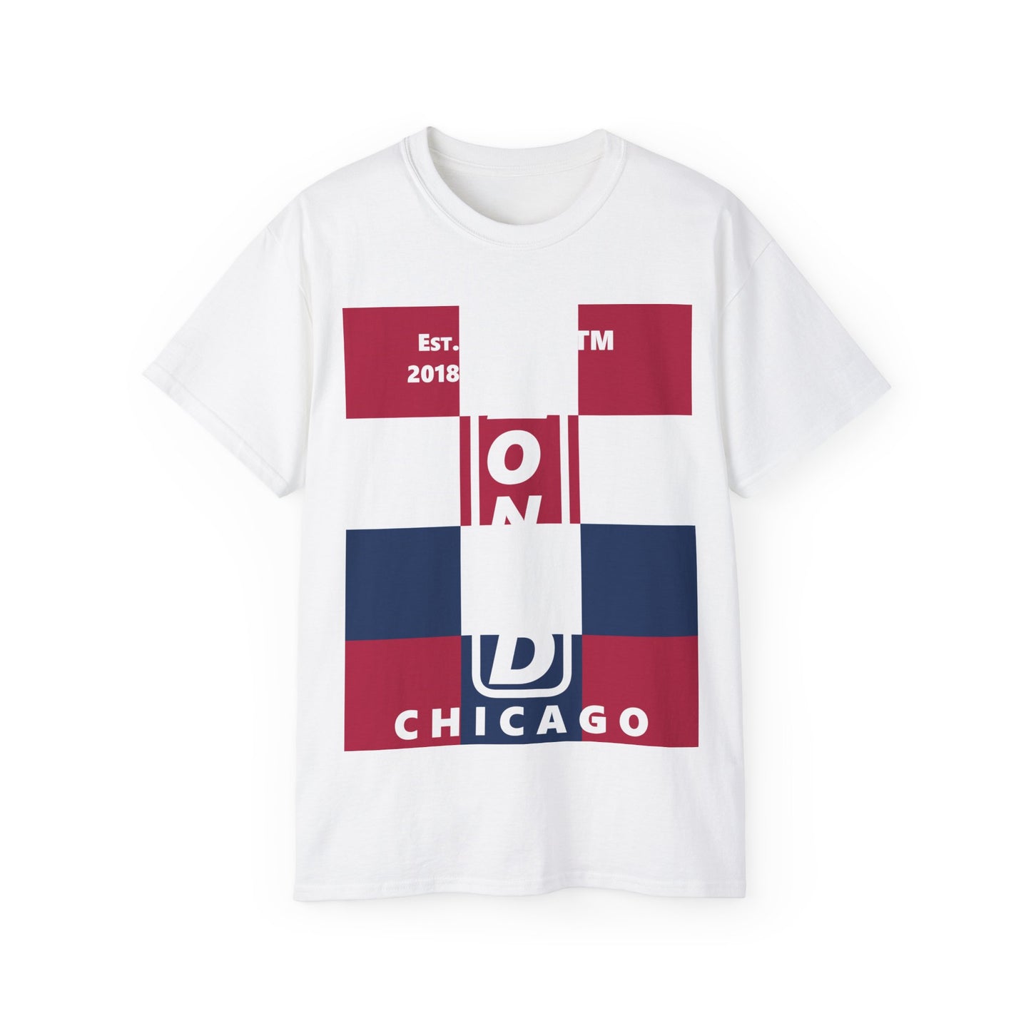 LongD cotton tee negative 4x3 Chicago upright logo (Patriotic colors)