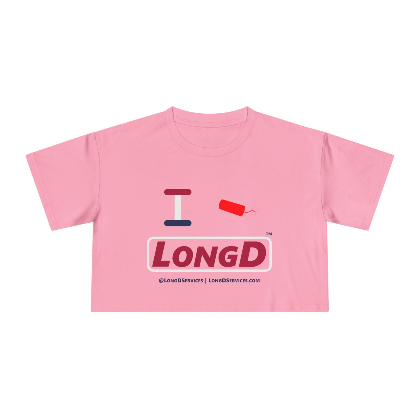 I Firecracker LongD Logo Women's Crop Tee Red, White & Blue positive