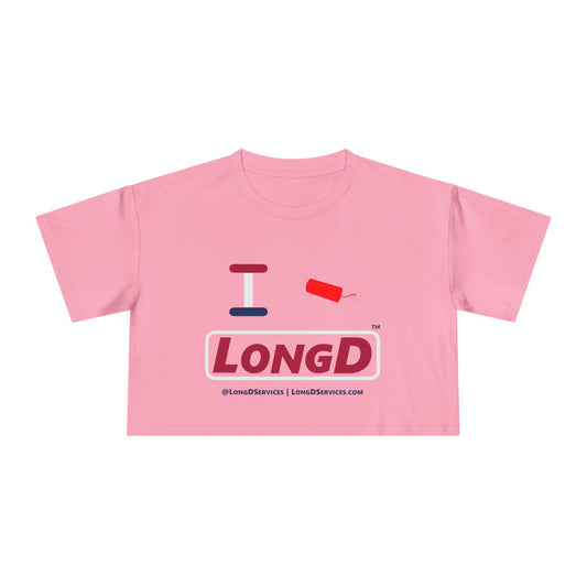 I Firecracker LongD Logo Women's Crop Tee Red, White & Blue positive