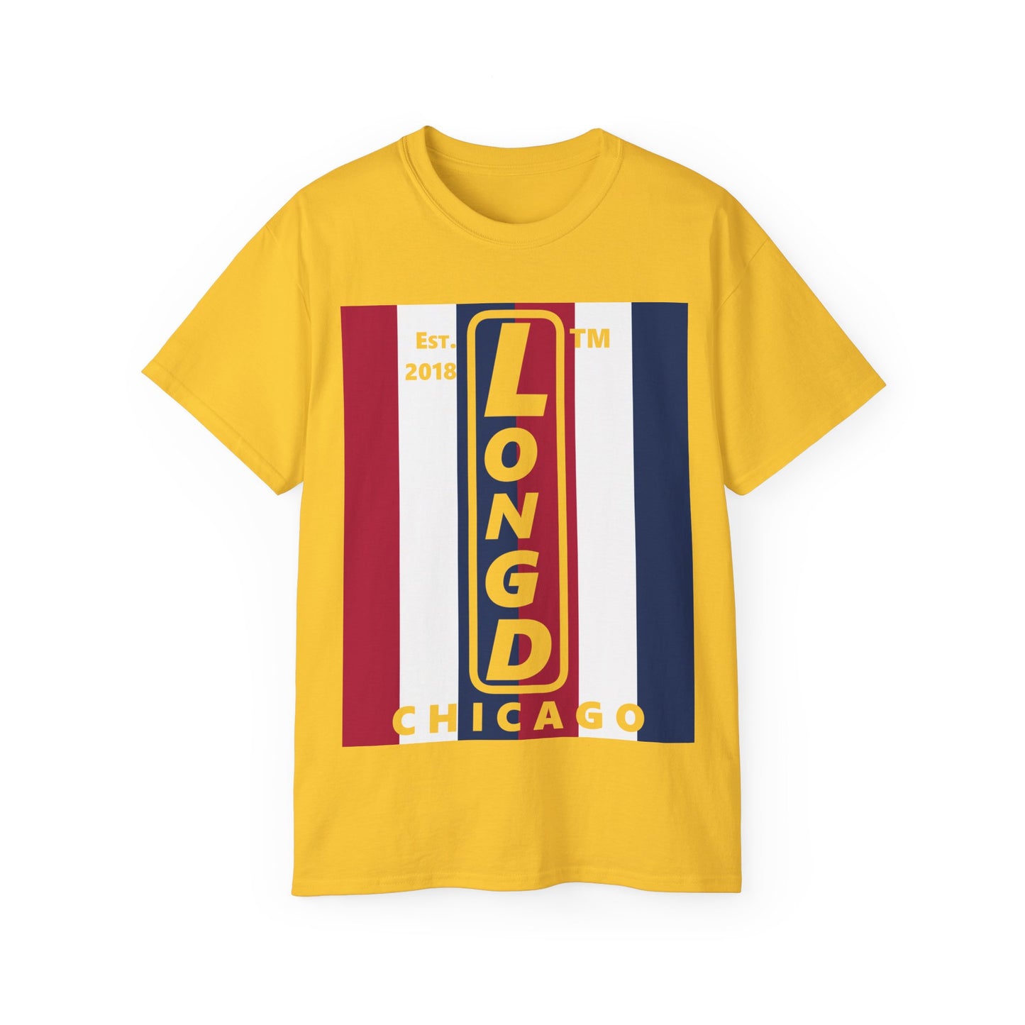 LongD cotton tee negative vertical 6-striped Chicago upright logo (Patriotic colors)
