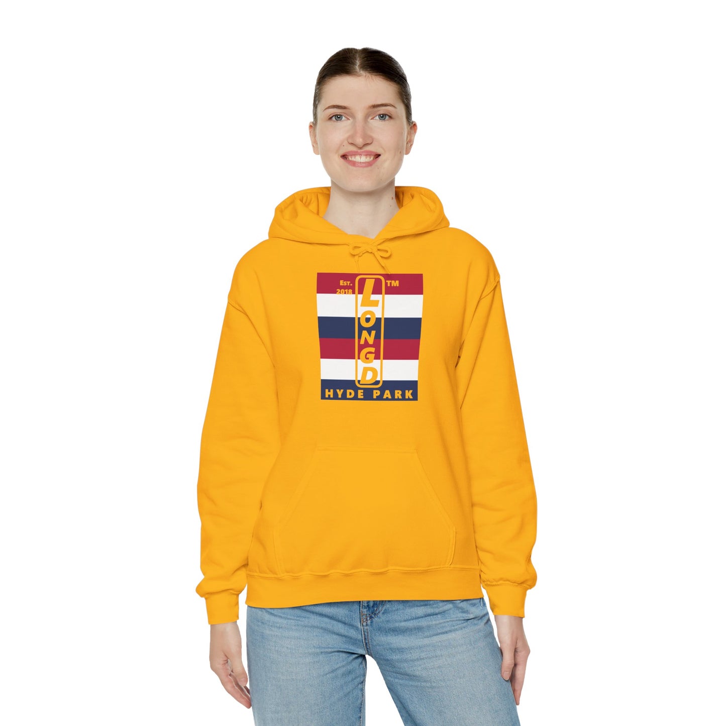 LongD® negative horizontal 6-striped upright Hyde Park logo hoodie (Patriotic colors)