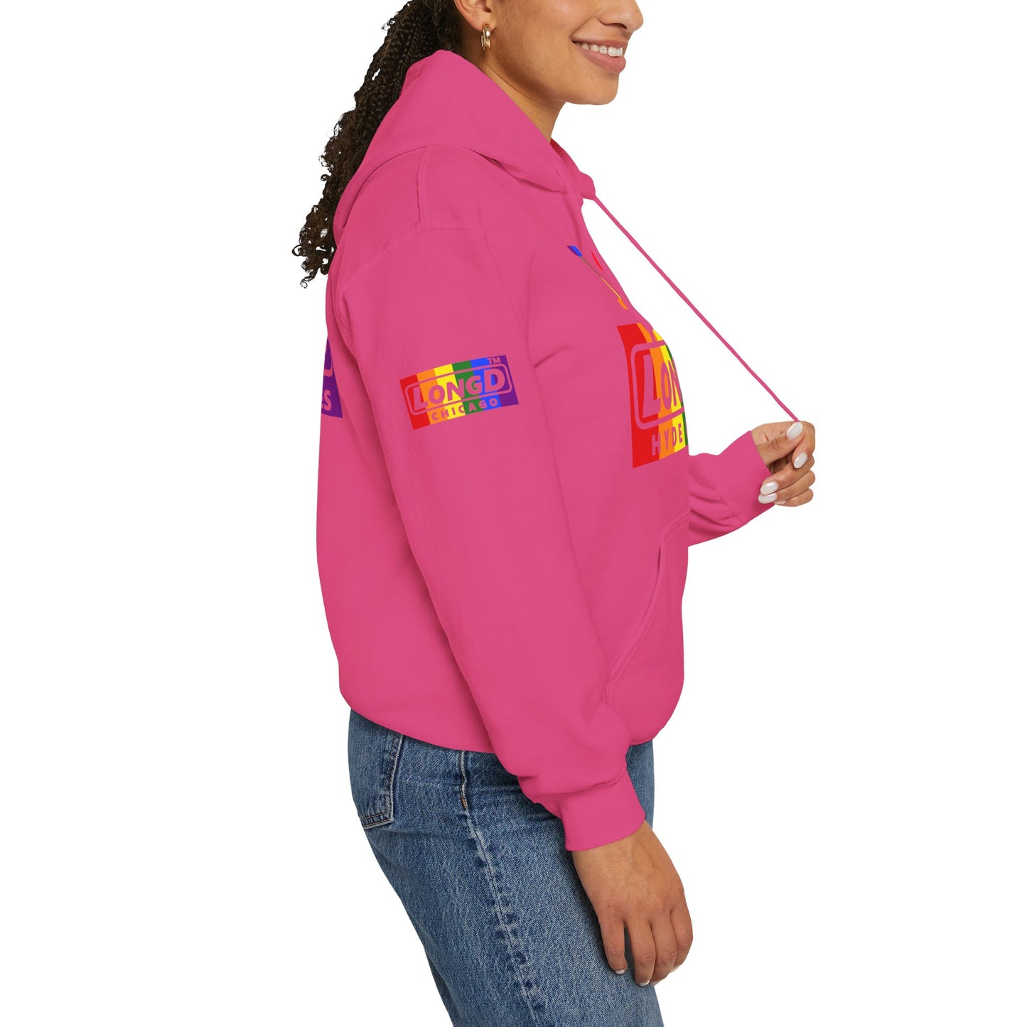 I Luv LongD® negative vertical striped 4-print Hyde Park logo hoodie (Pride colors)