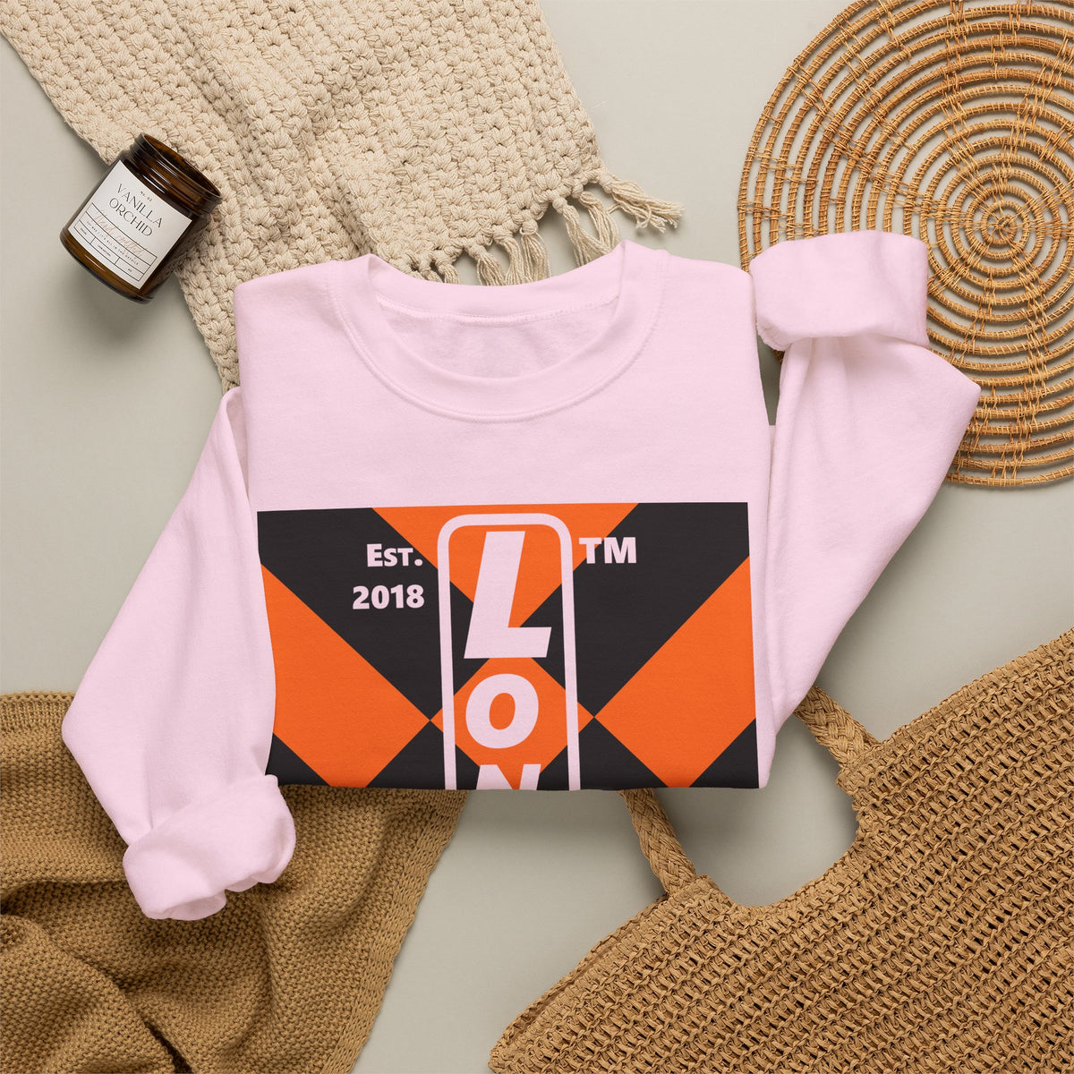 LongD Hyde Park negative upright mixed argyle logo (Halloween colors) crewneck sweatshirt