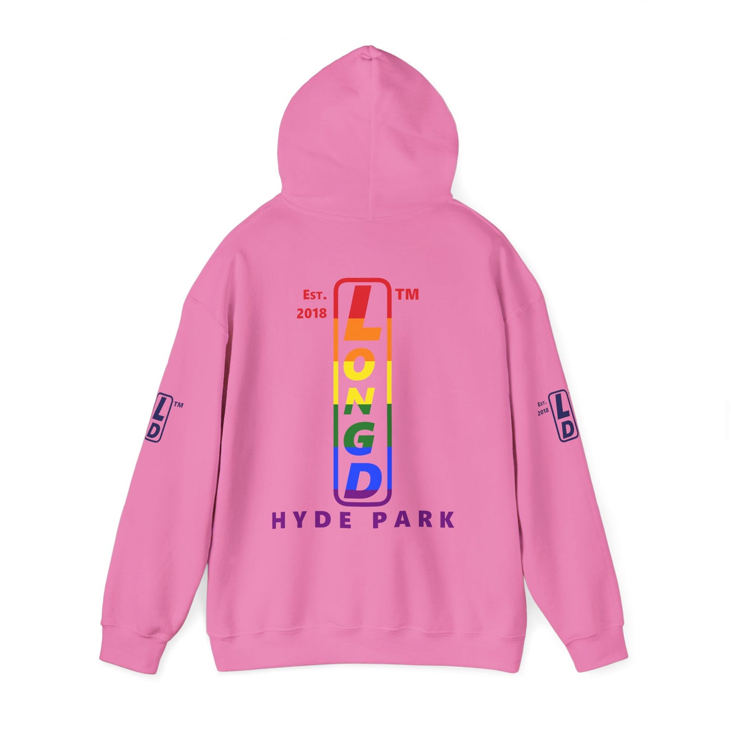 LongD® positive horizontal 6-striped Hyde Park 4-print upright logo hoodie (Pride colors)