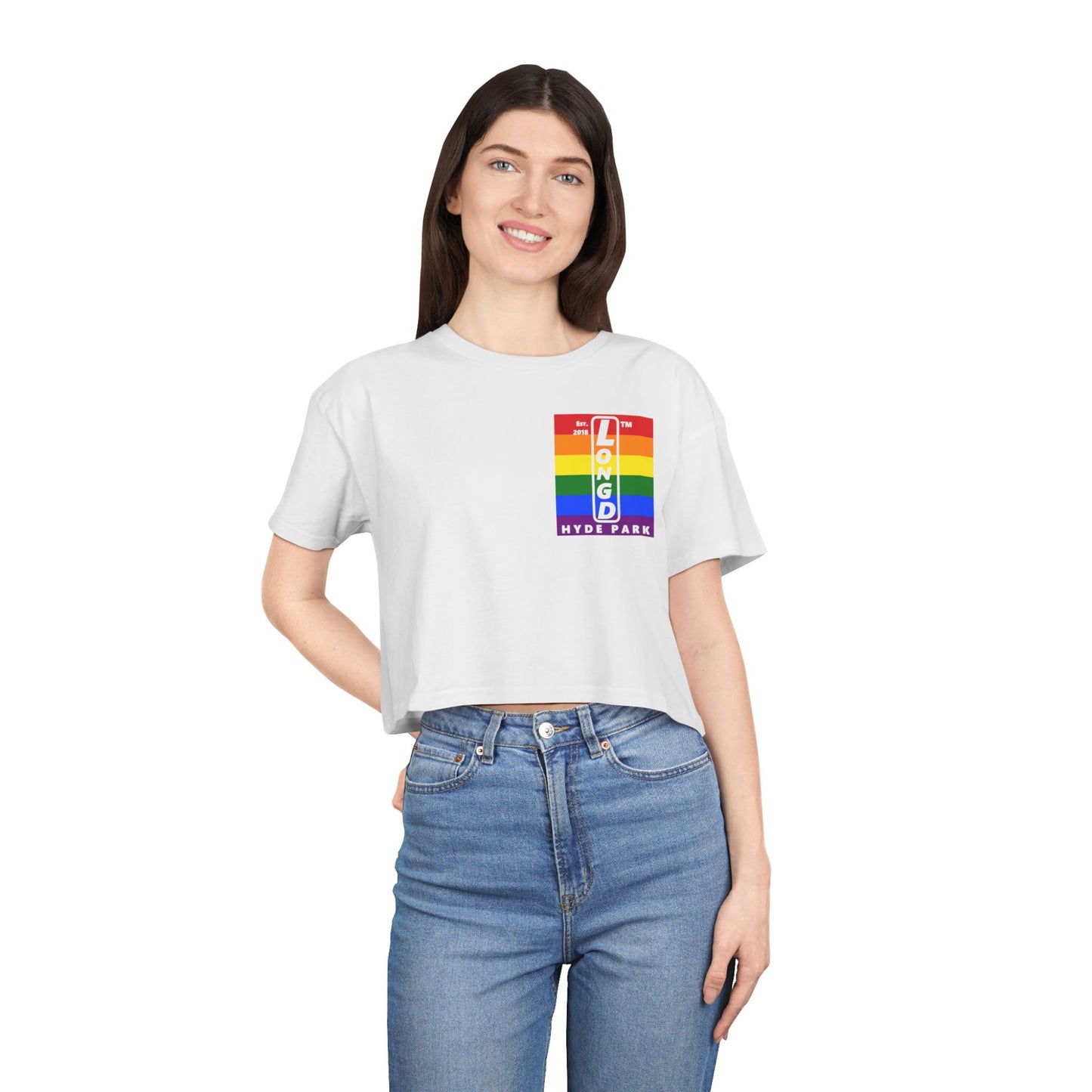 Negative horizontal 6-striped upright single-breasted Hyde Park logo crop tee (Pride colors)