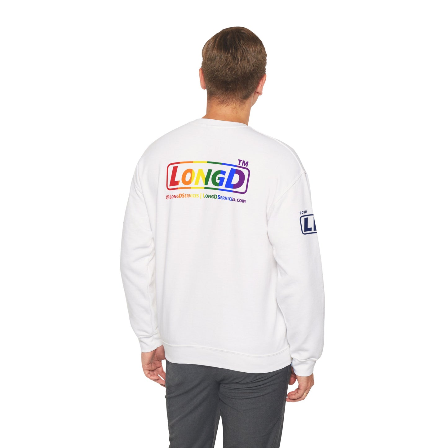 I Luv LongD official basic 4-print tag logo crewneck sweatshirt with Pride heart
