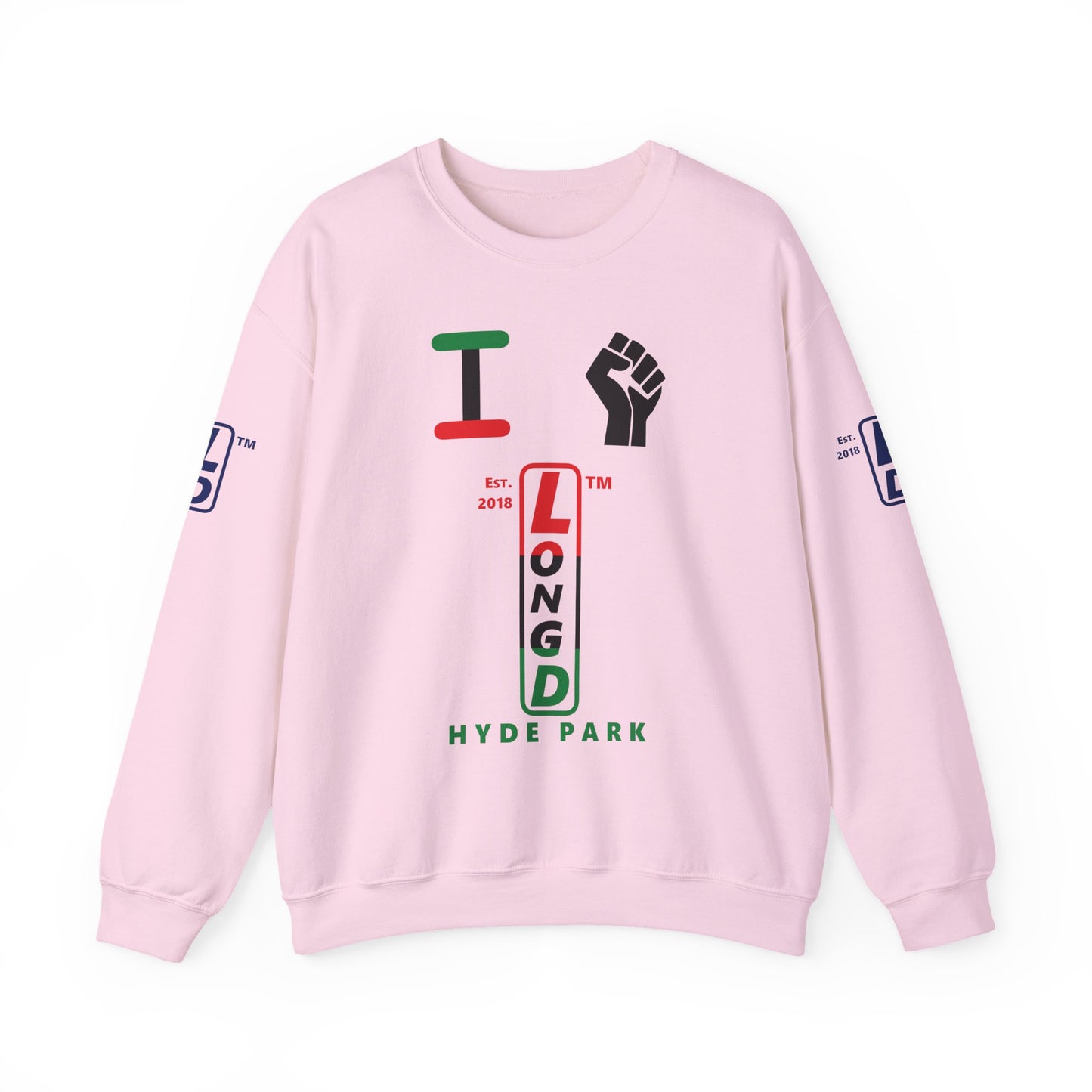 I Fist LongD positive horizontal 6-striped Hyde Park upright 4-print logo crewneck sweatshirt