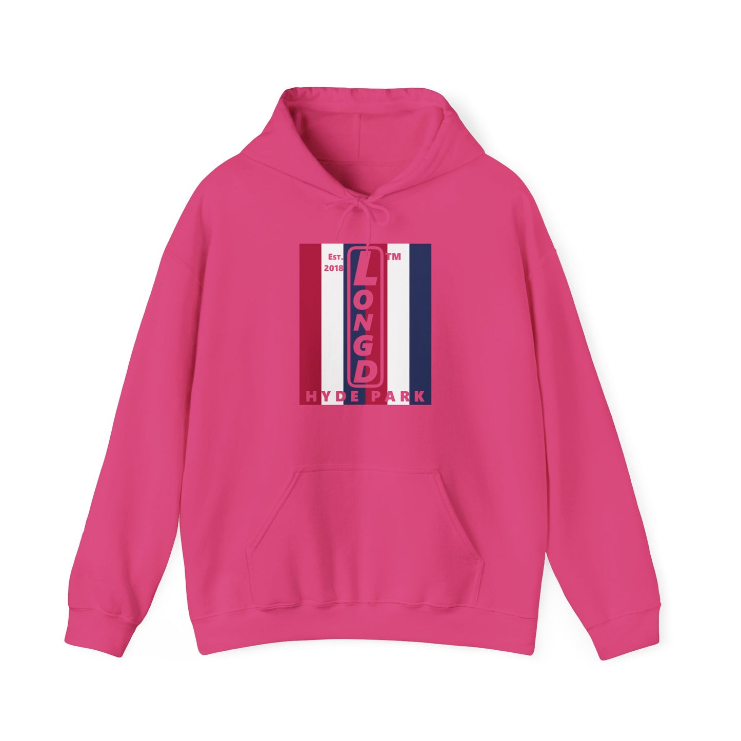 LongD® negative vertical 6-striped upright Hyde Park logo hoodie