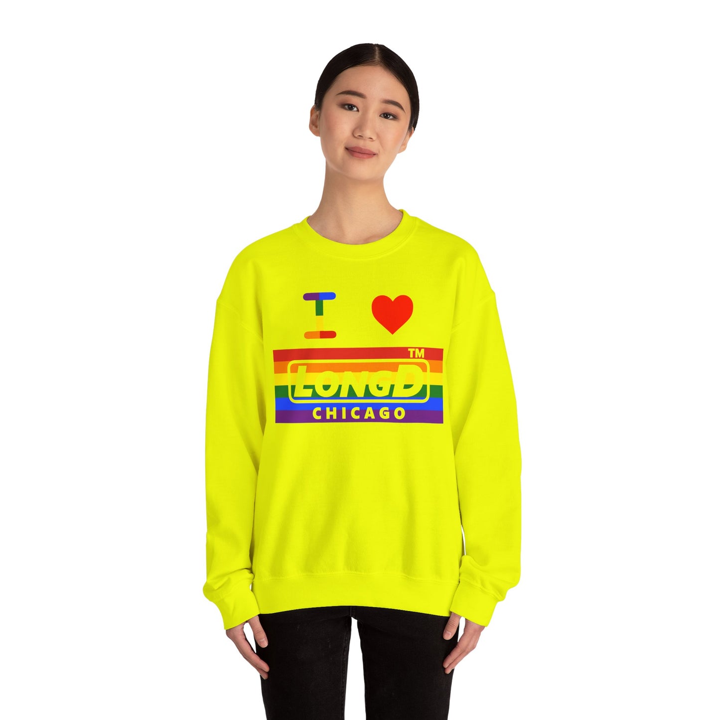 I Luv LongD negative horizontal striped Chicago logo crewneck sweatshirt (Pride colors)