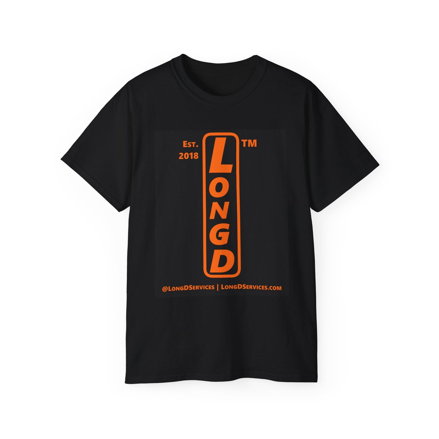 LongD Tag-domain upright front-back logo orange (FE7518) on Black (000000) cotton tee