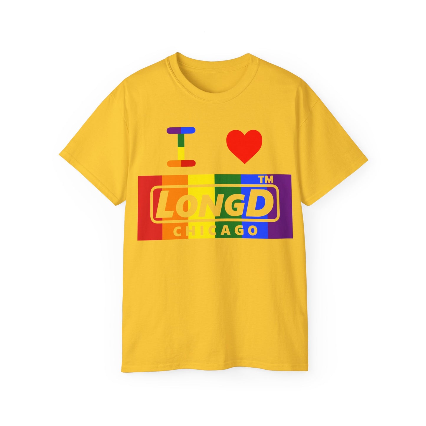 I Luv LongD negative vertical striped Chicago logo cotton tee (Pride colors)